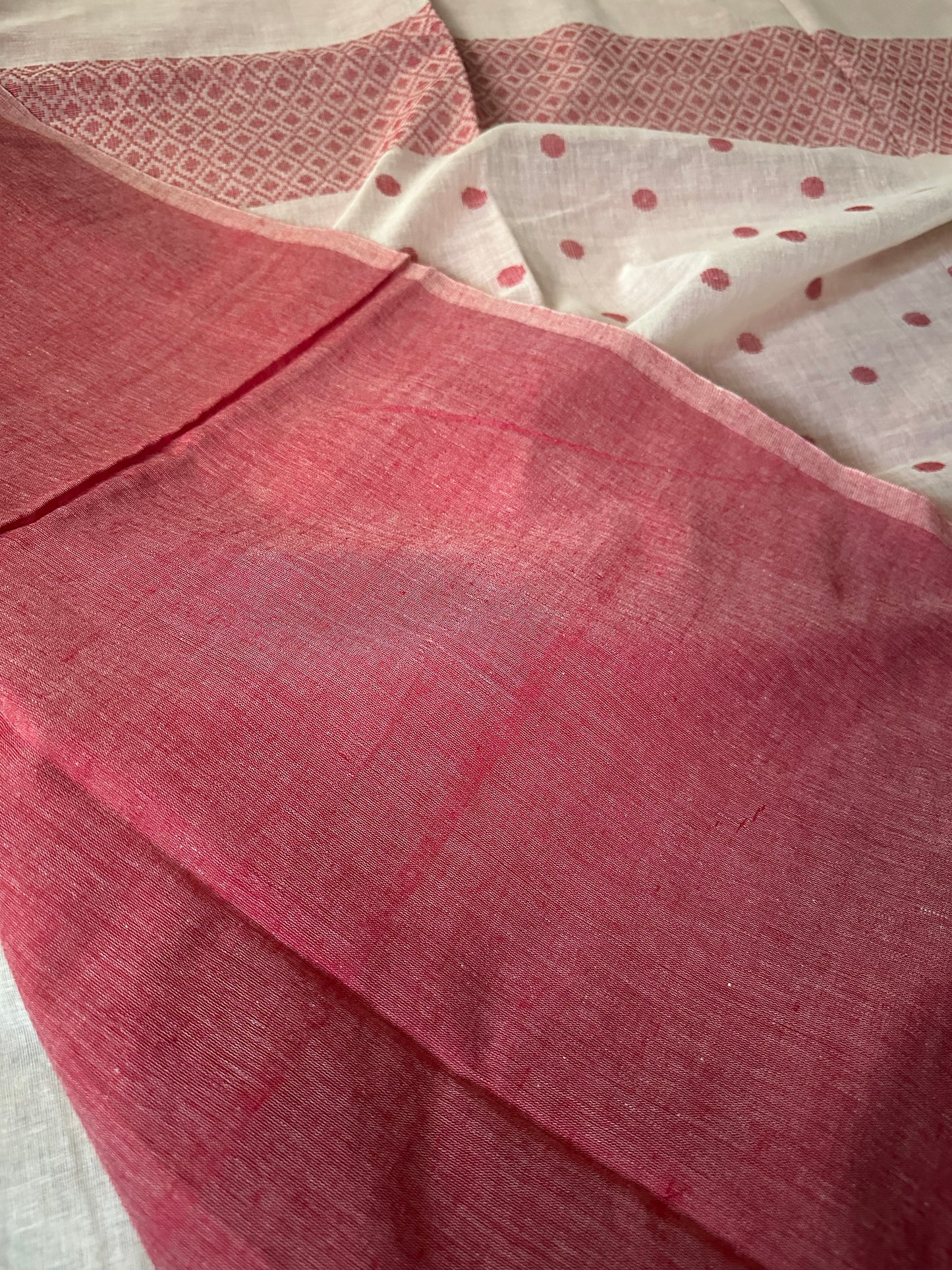 Cream Handloom Soft Cotton Jamdani Sari with Red Woven Polka Dots & Intricate Work Woven Pallu