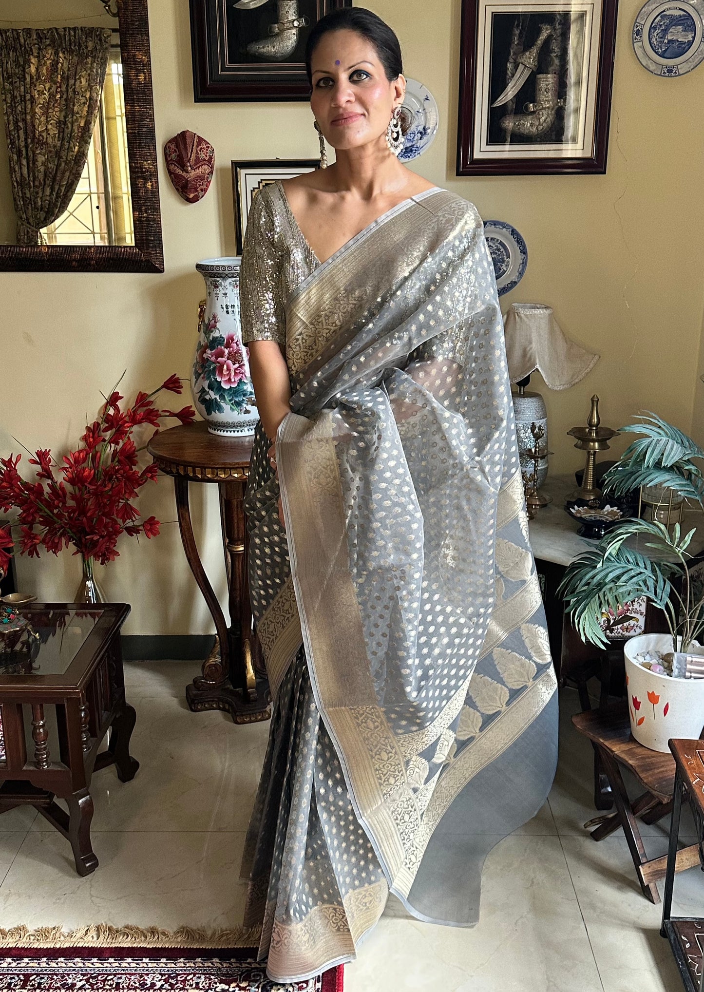 Grey Banarasi Kora Organza Sari with Butis & Weaving - Raahini