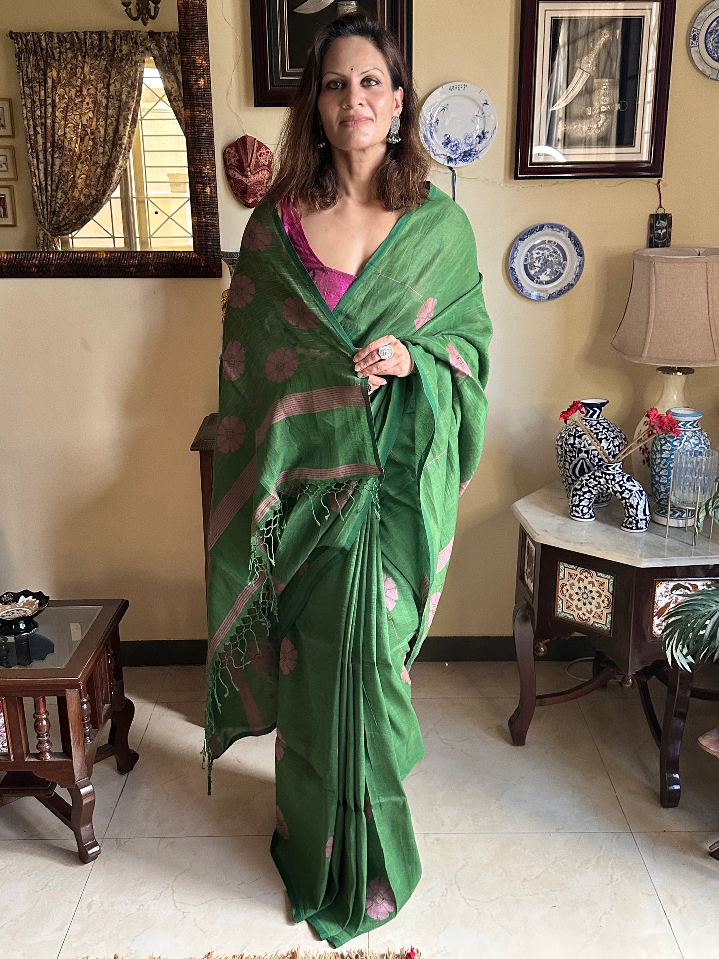 Pure Linen Cotton Jamdani with Woven Intricate Flowers and Lines - Raahini