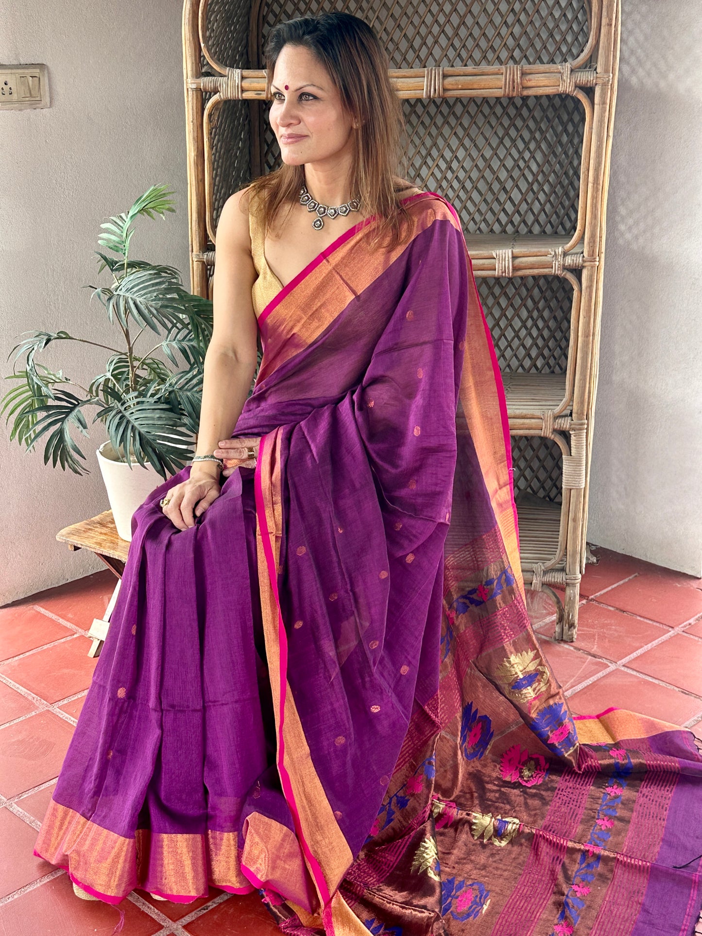 Purple Pure Cotton Handloom Saree with Paithani Inspired Weaving on the Pallu