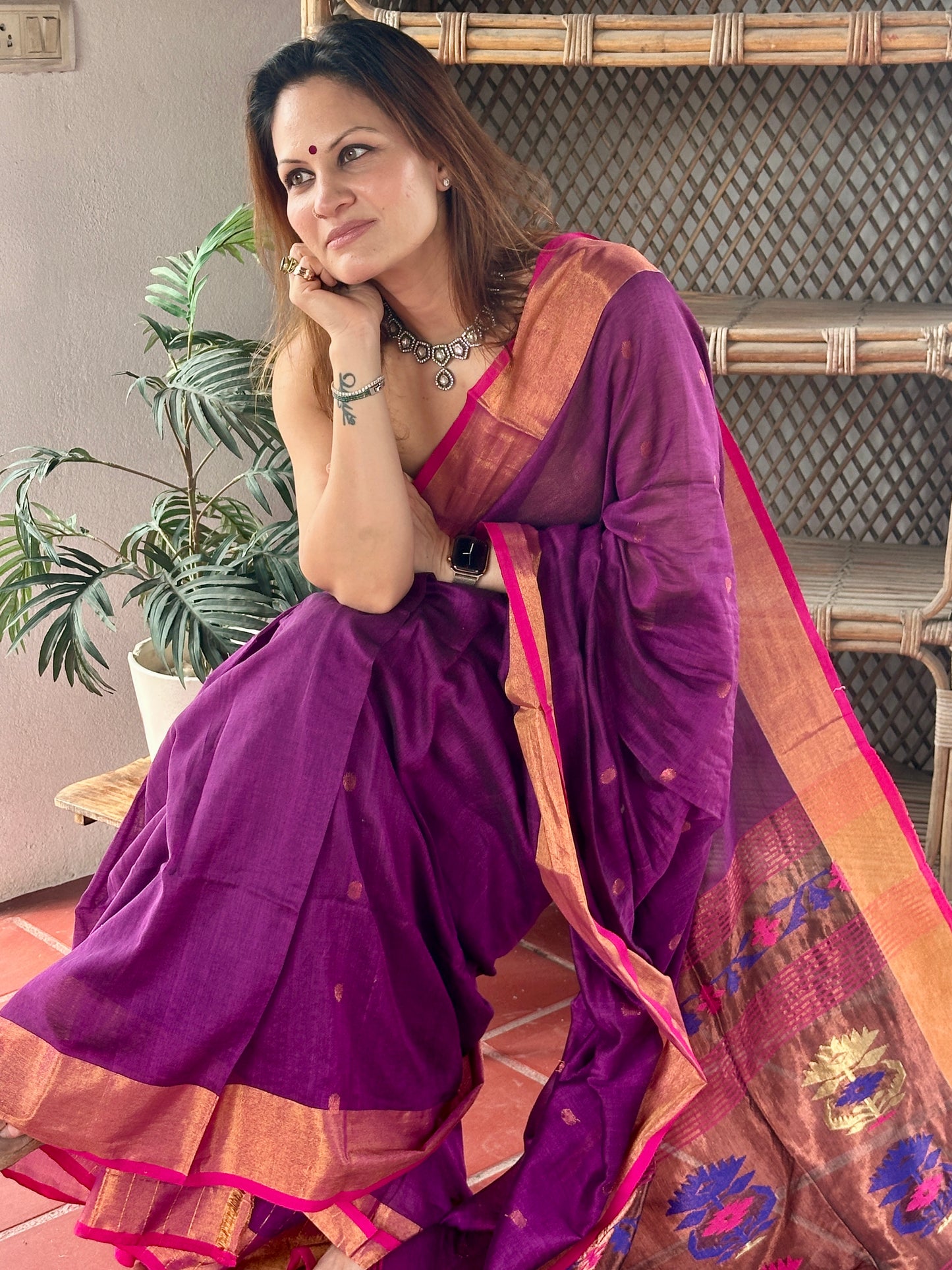 Purple Pure Cotton Handloom Saree with Paithani Inspired Weaving on the Pallu