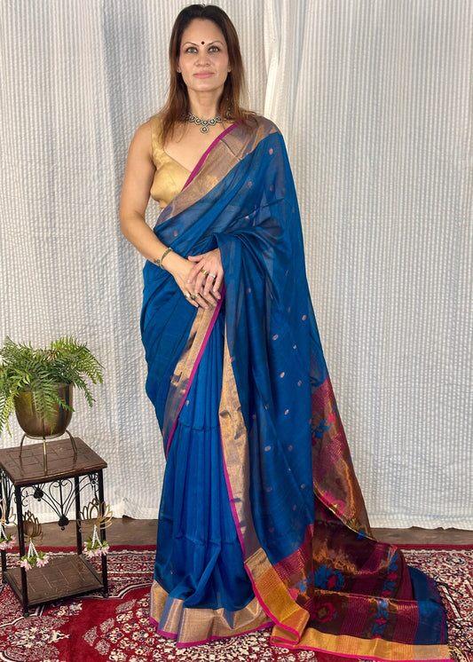 Peacock Blue Pure Cotton Handloom Saree with Paithani Inspired Weaving on the Pallu