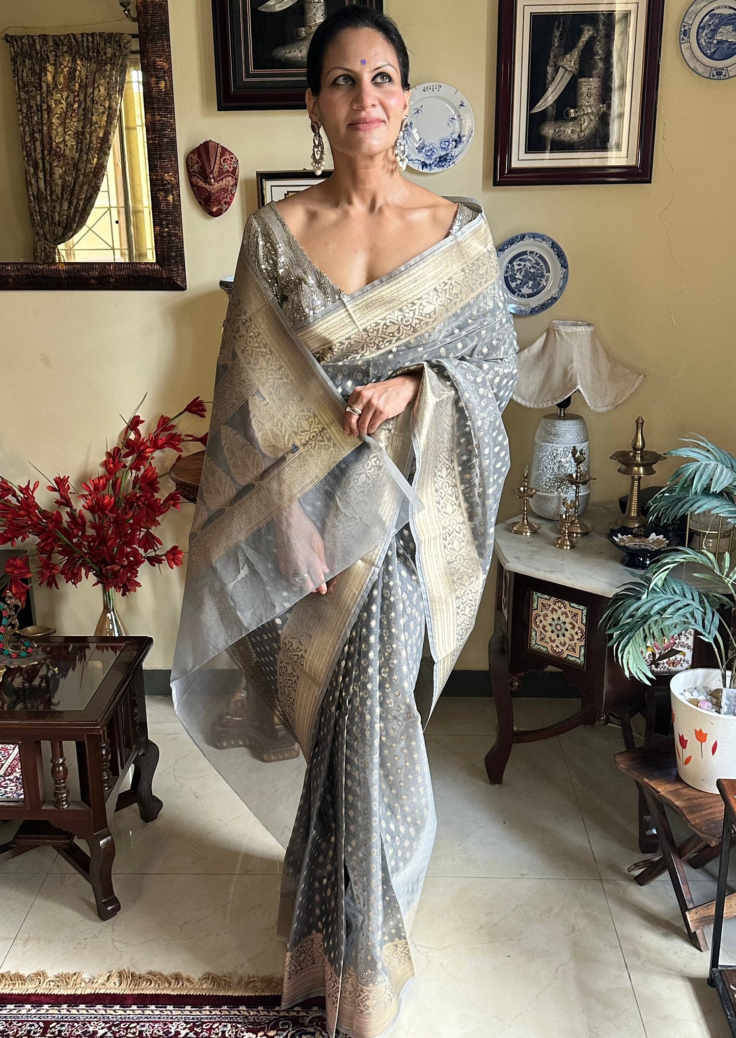 Grey Banarasi Kora Organza Sari with Butis & Weaving - Raahini