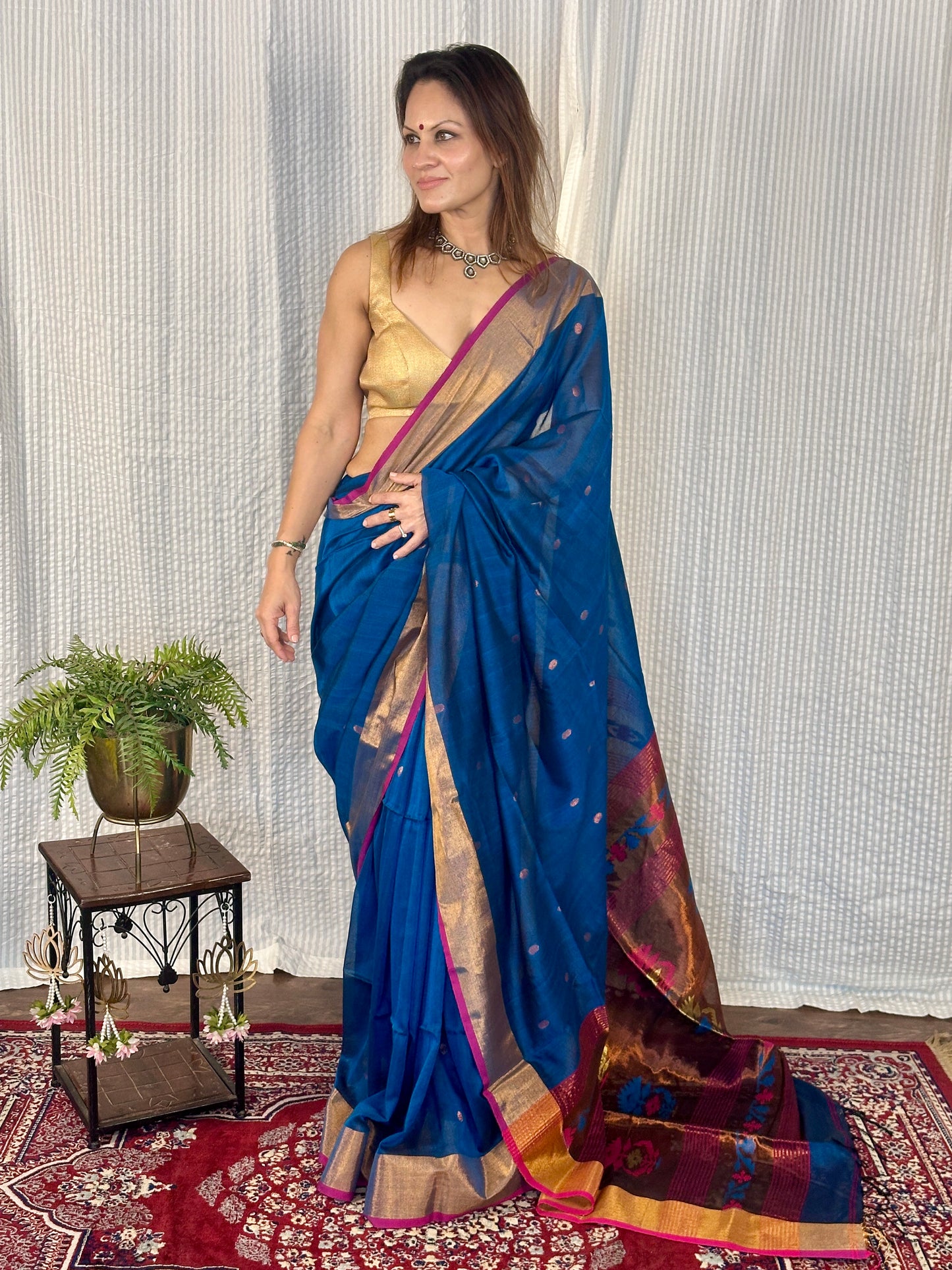 Peacock Blue Pure Cotton Handloom Saree with Paithani Inspired Weaving on the Pallu