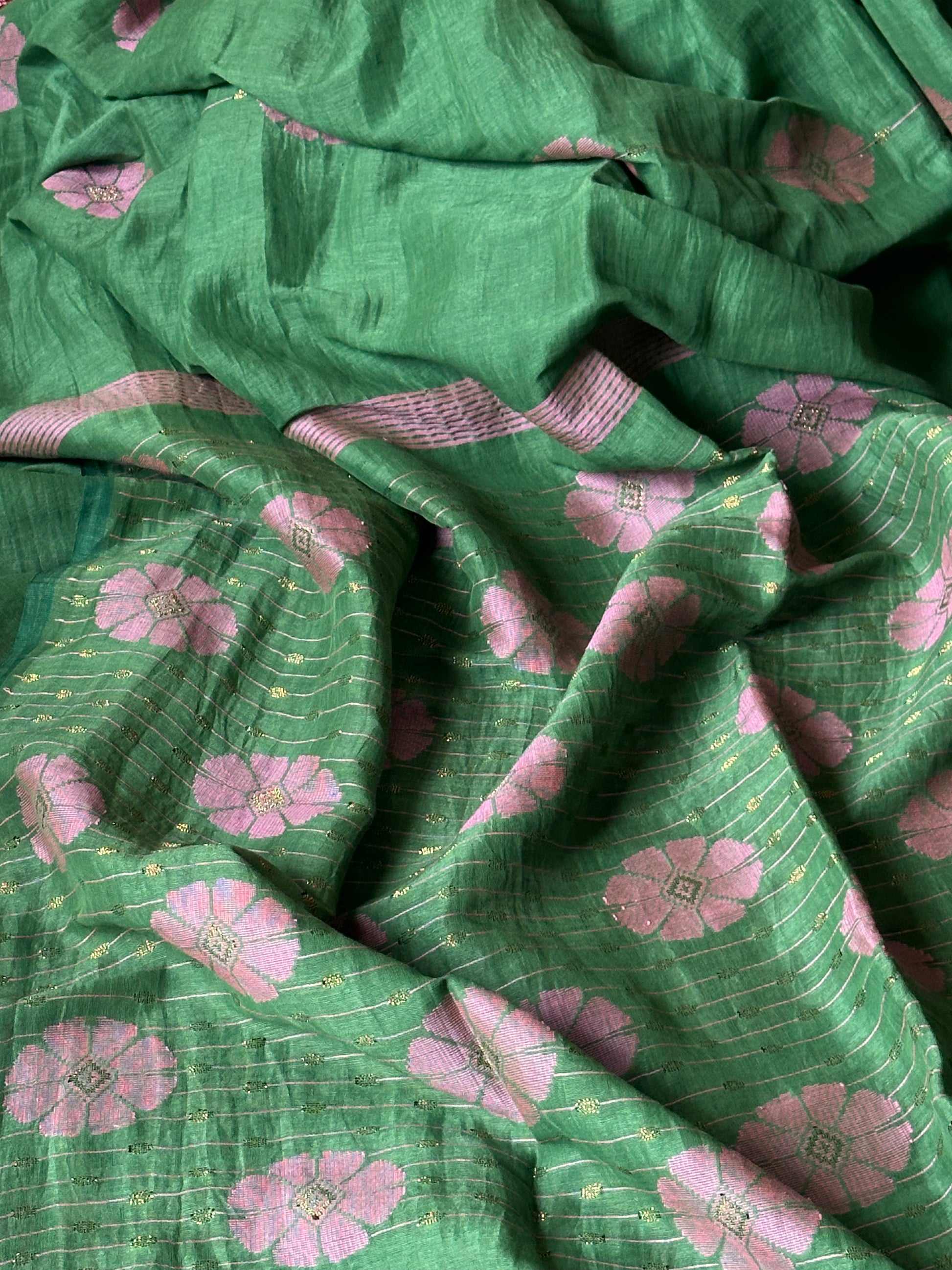 Pure Linen Cotton Jamdani with Woven Intricate Flowers and Lines - Raahini