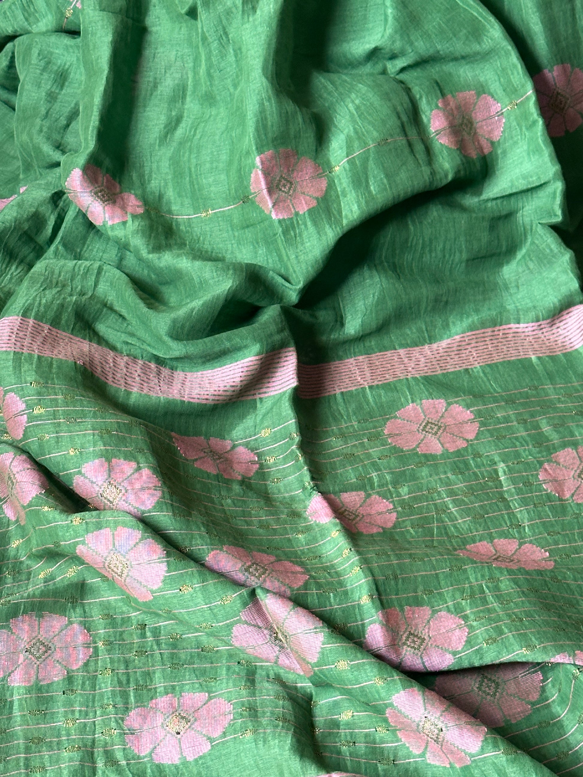 Pure Linen Cotton Jamdani with Woven Intricate Flowers and Lines - Raahini