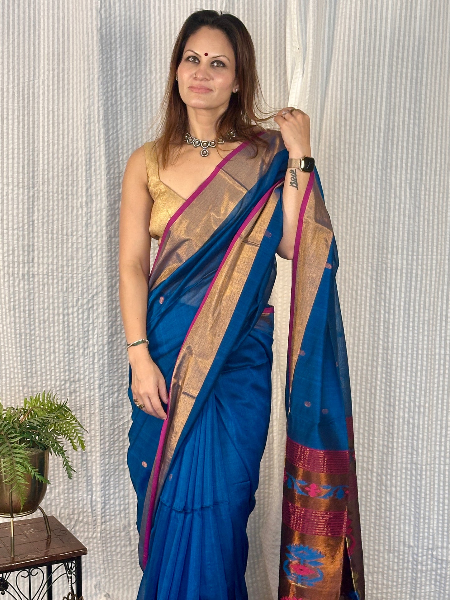 Peacock Blue Pure Cotton Handloom Saree with Paithani Inspired Weaving on the Pallu