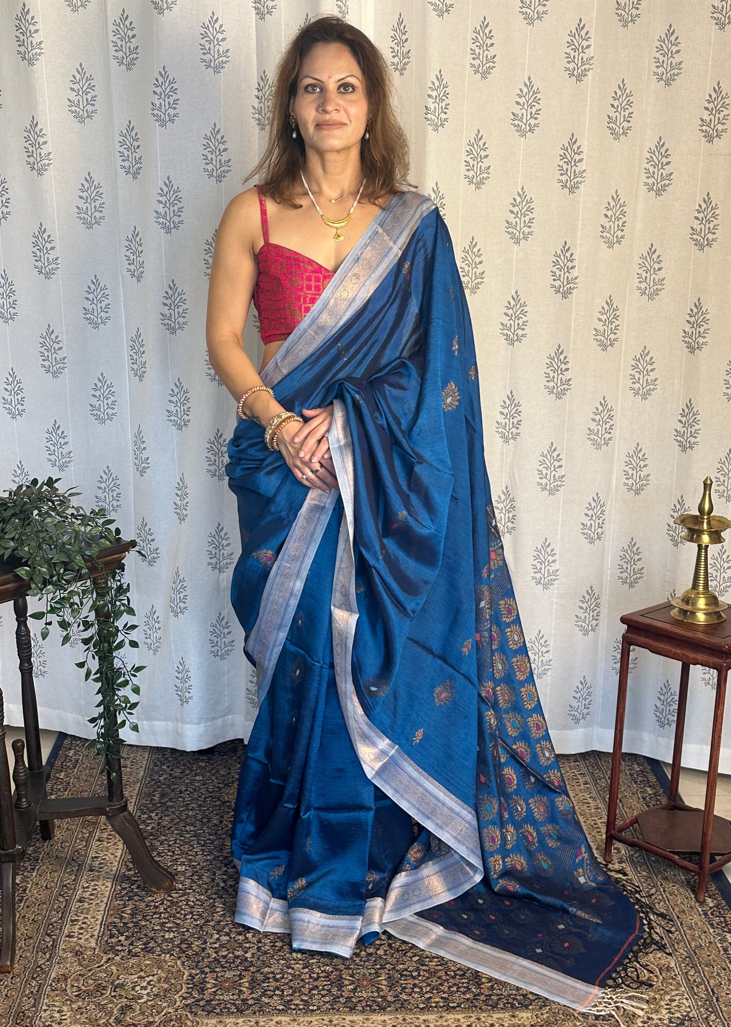 Blue Pure Katan Silk and Cotton Banarasi Sari with Zari Work