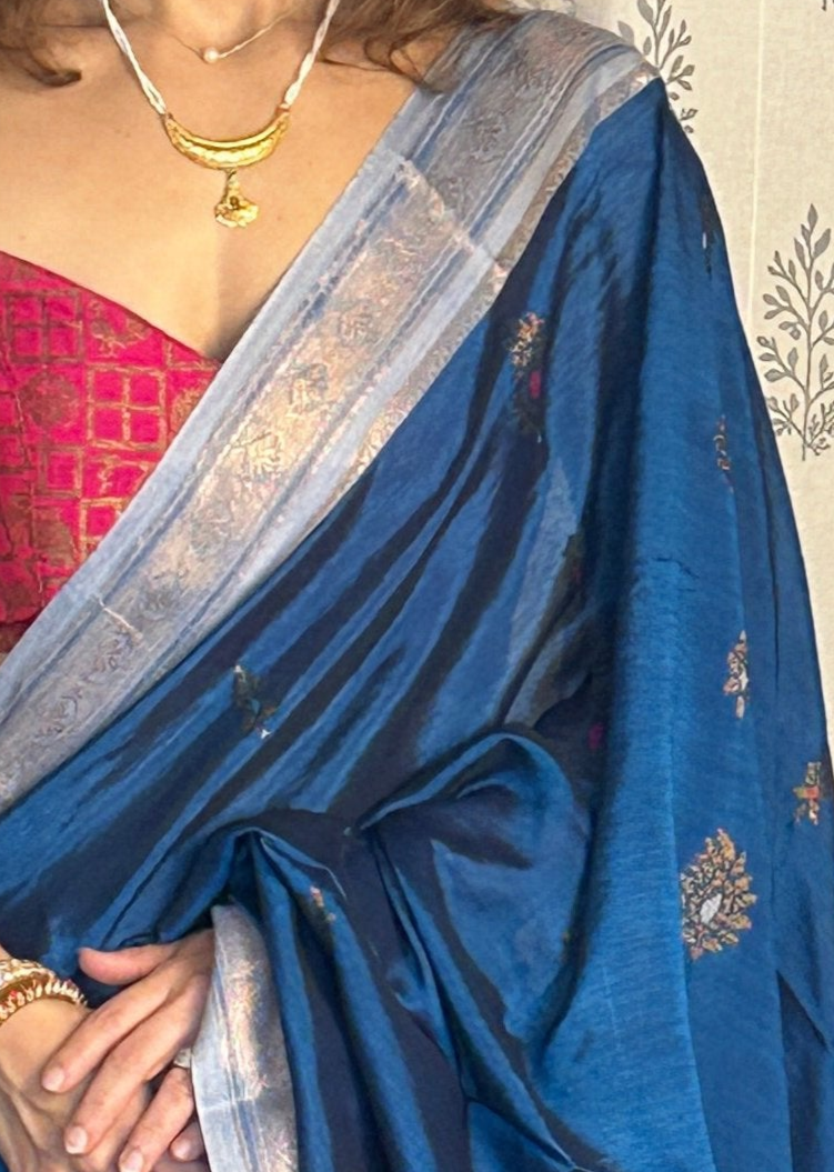 Blue Pure Katan Silk and Cotton Banarasi Sari with Zari Work