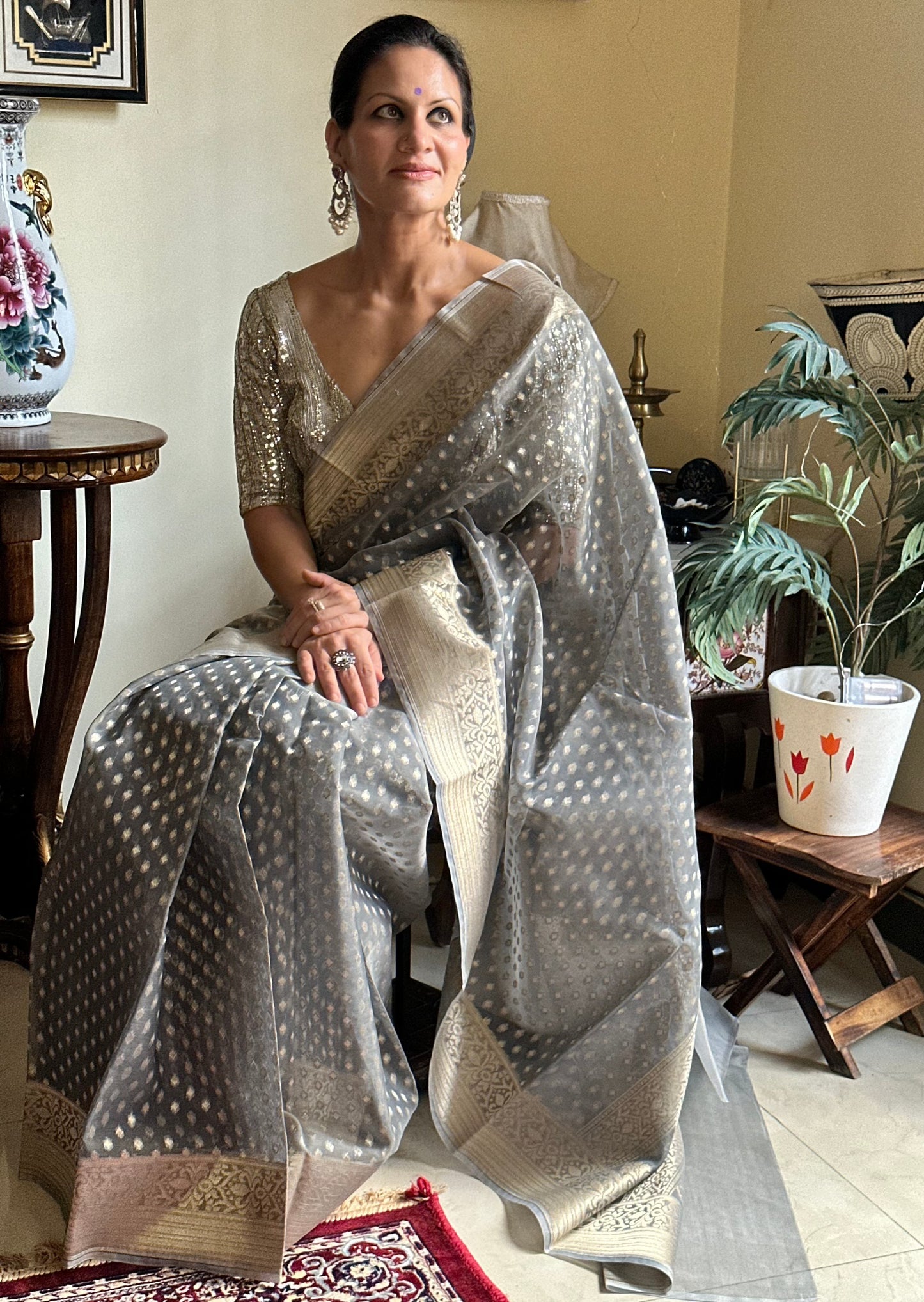 Grey Banarasi Kora Organza Sari with Butis & Weaving - Raahini