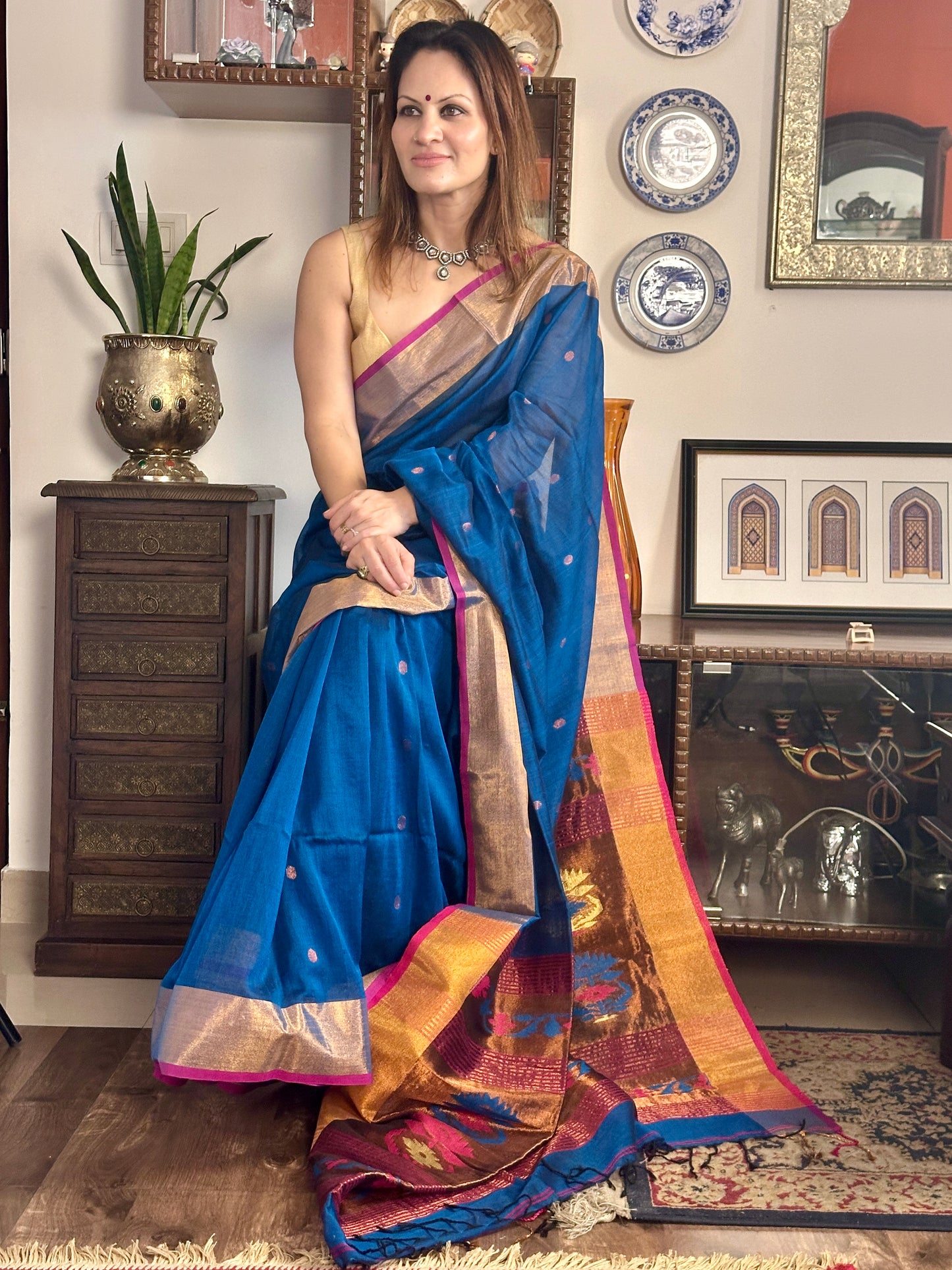 Peacock Blue Pure Cotton Handloom Saree with Paithani Inspired Weaving on the Pallu