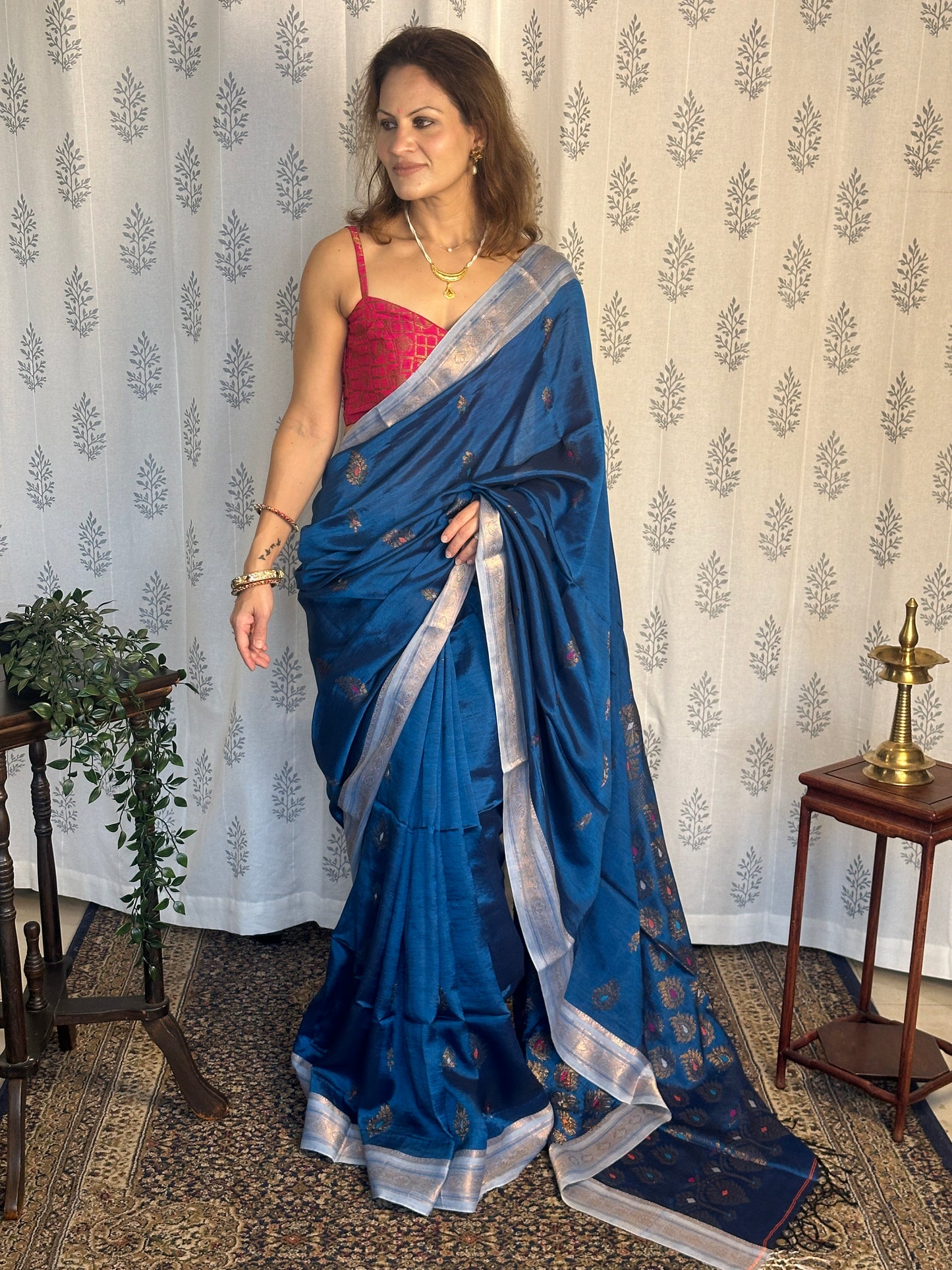 Blue Pure Katan Silk and Cotton Banarasi Sari with Zari Work