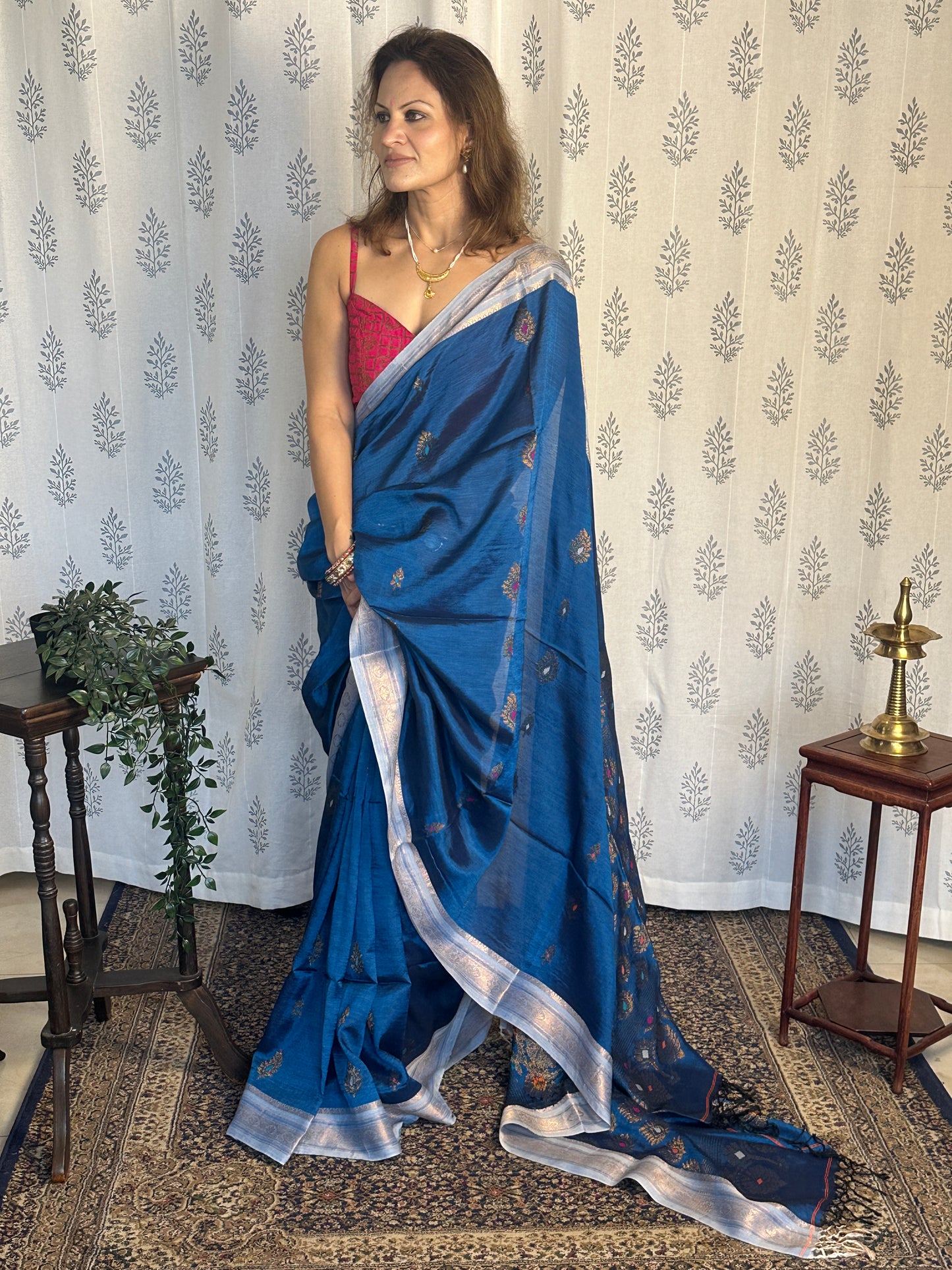 Blue Pure Katan Silk and Cotton Banarasi Sari with Zari Work