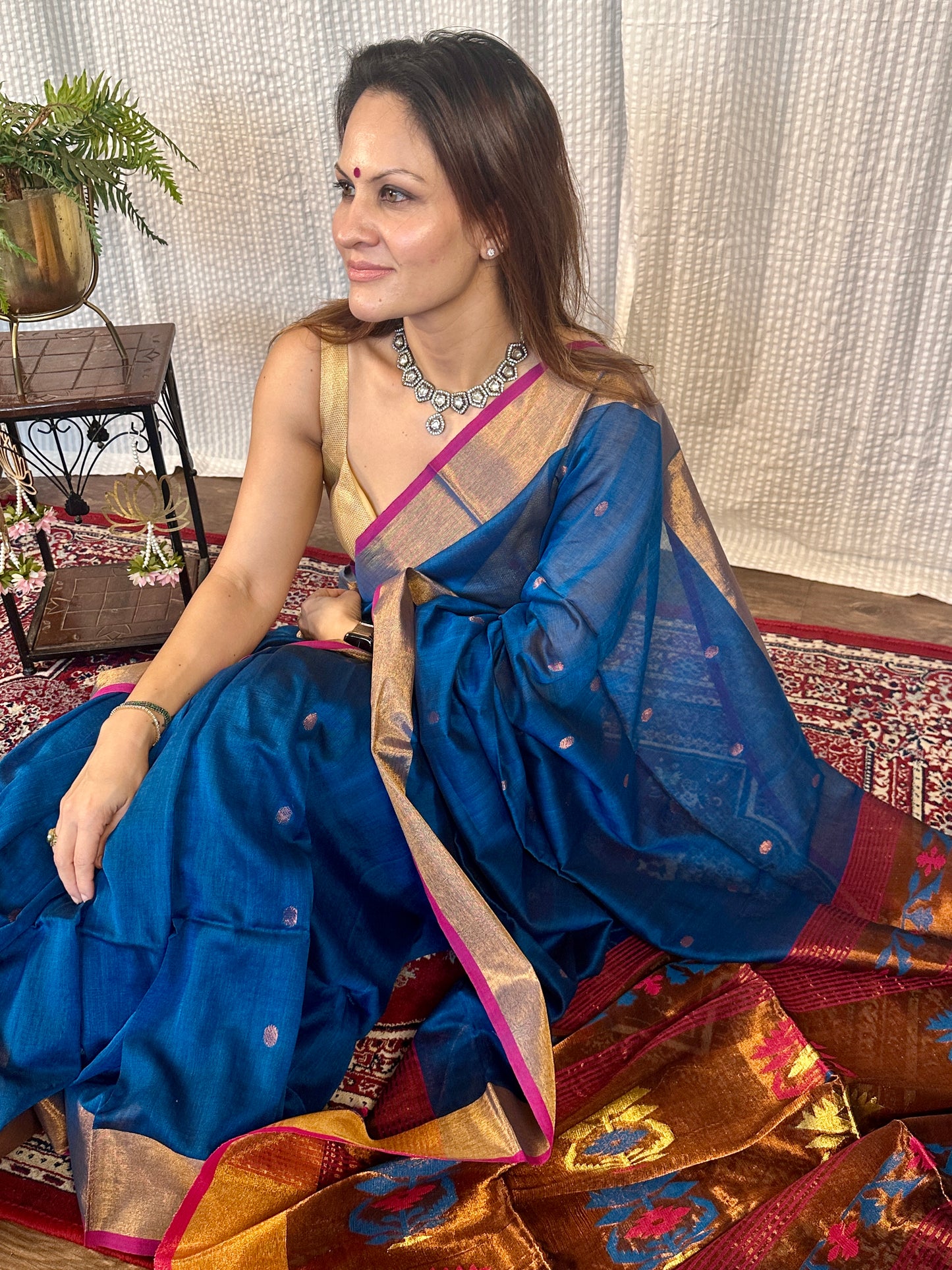 Peacock Blue Pure Cotton Handloom Saree with Paithani Inspired Weaving on the Pallu