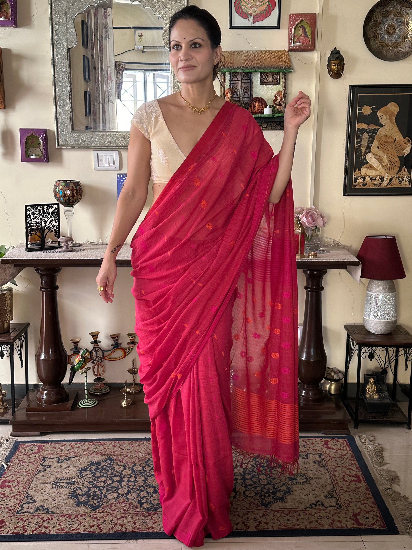 Pink Handloom Pure Soft Cotton Jamdani Sari with Woven Flowers