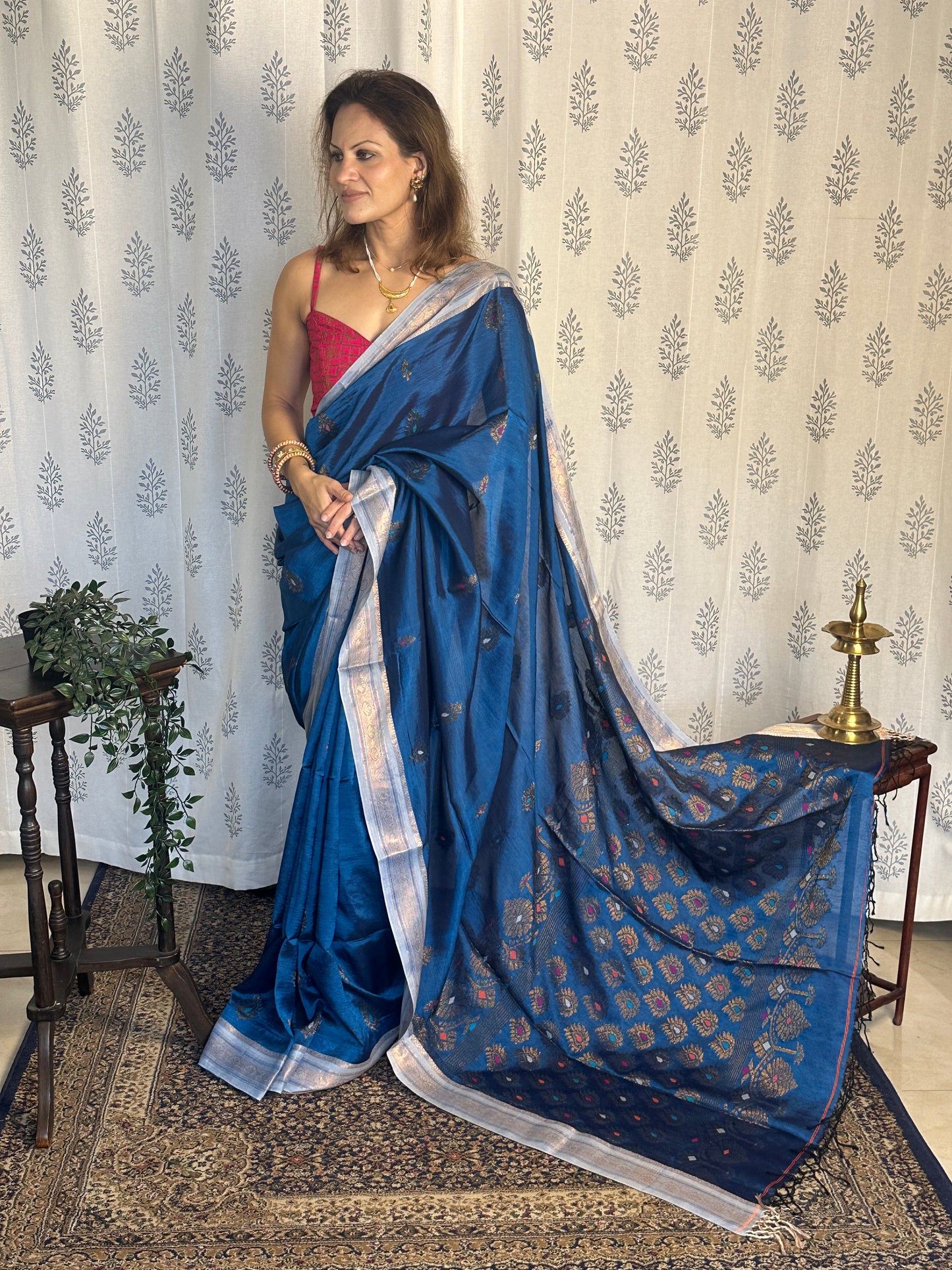 Blue Pure Katan Silk and Cotton Banarasi Sari with Zari Work