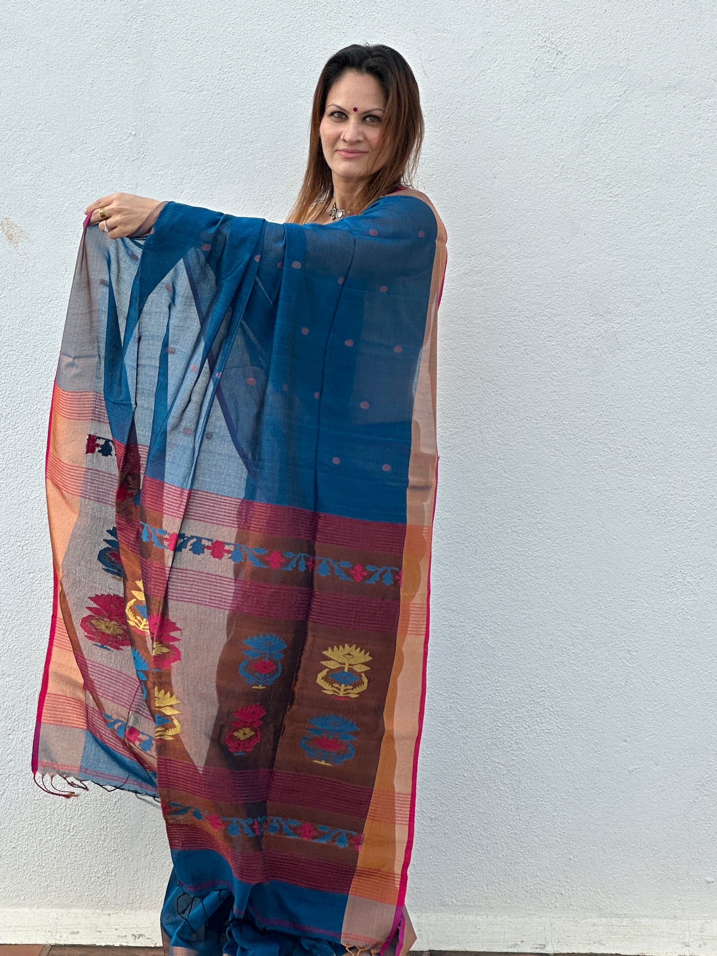 Peacock Blue Pure Cotton Handloom Saree with Paithani Inspired Weaving on the Pallu