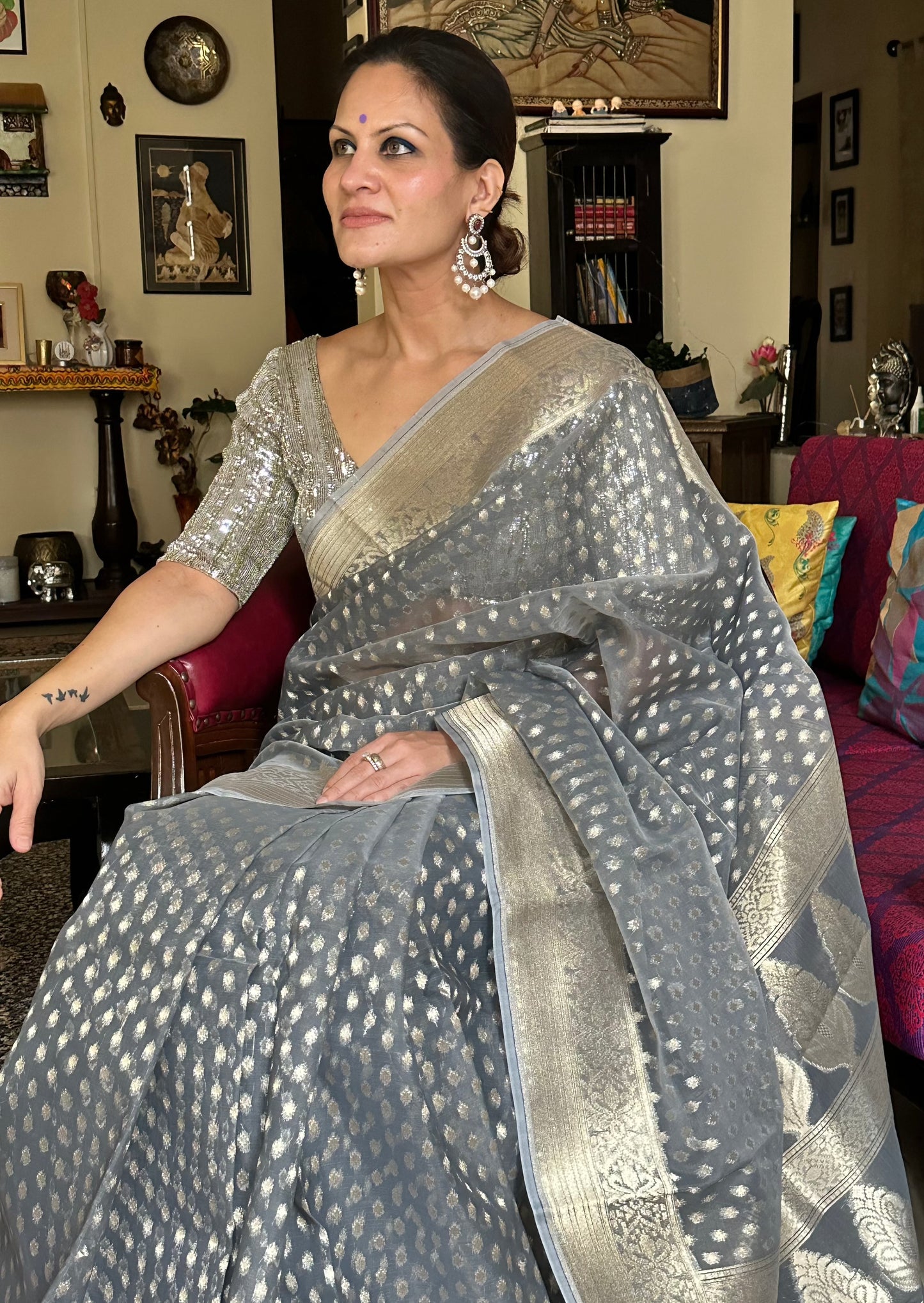 Grey Banarasi Kora Organza Sari with Butis & Weaving - Raahini