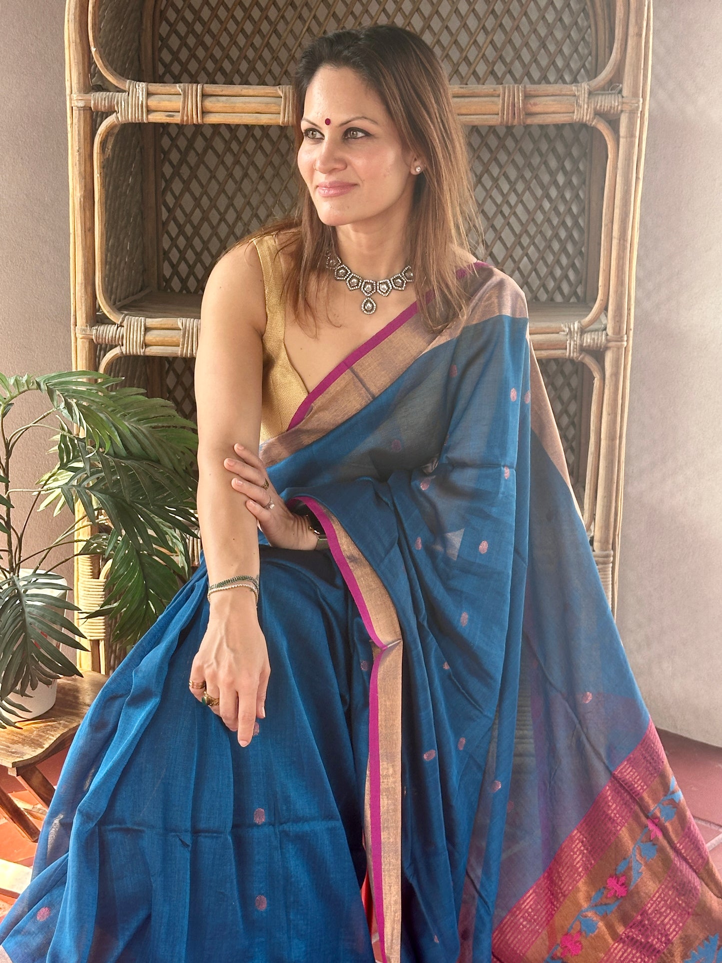 Peacock Blue Pure Cotton Handloom Saree with Paithani Inspired Weaving on the Pallu