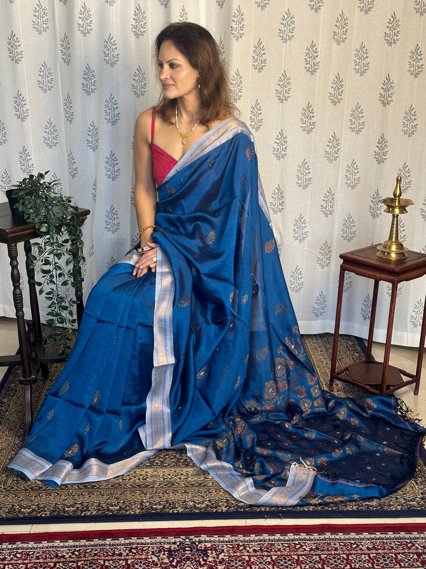 Blue Pure Katan Silk and Cotton Banarasi Sari with Zari Work