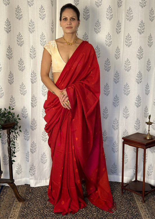 Red Handloom Pure Soft Cotton Jamdani Sari with Woven Flowers