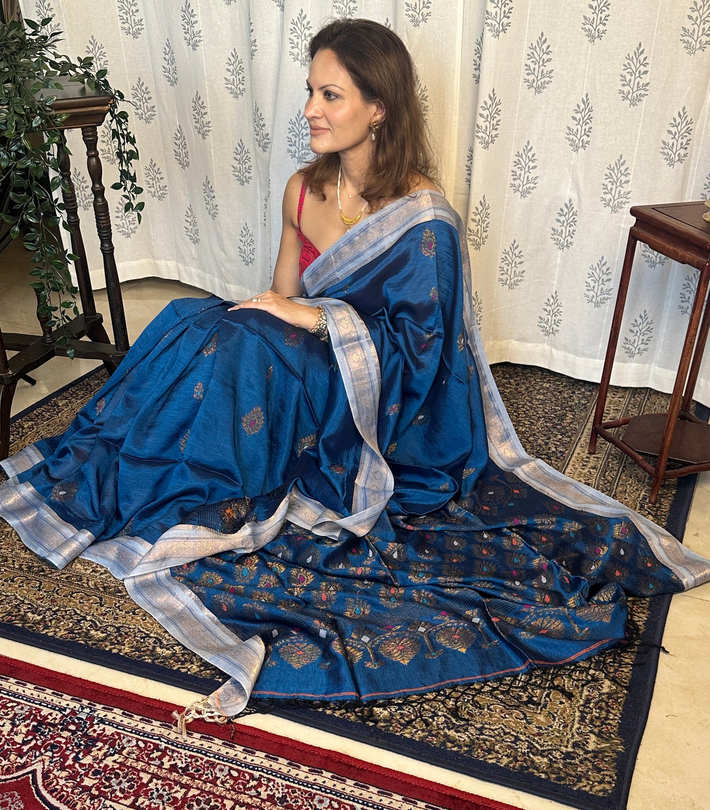 Blue Pure Katan Silk and Cotton Banarasi Sari with Zari Work