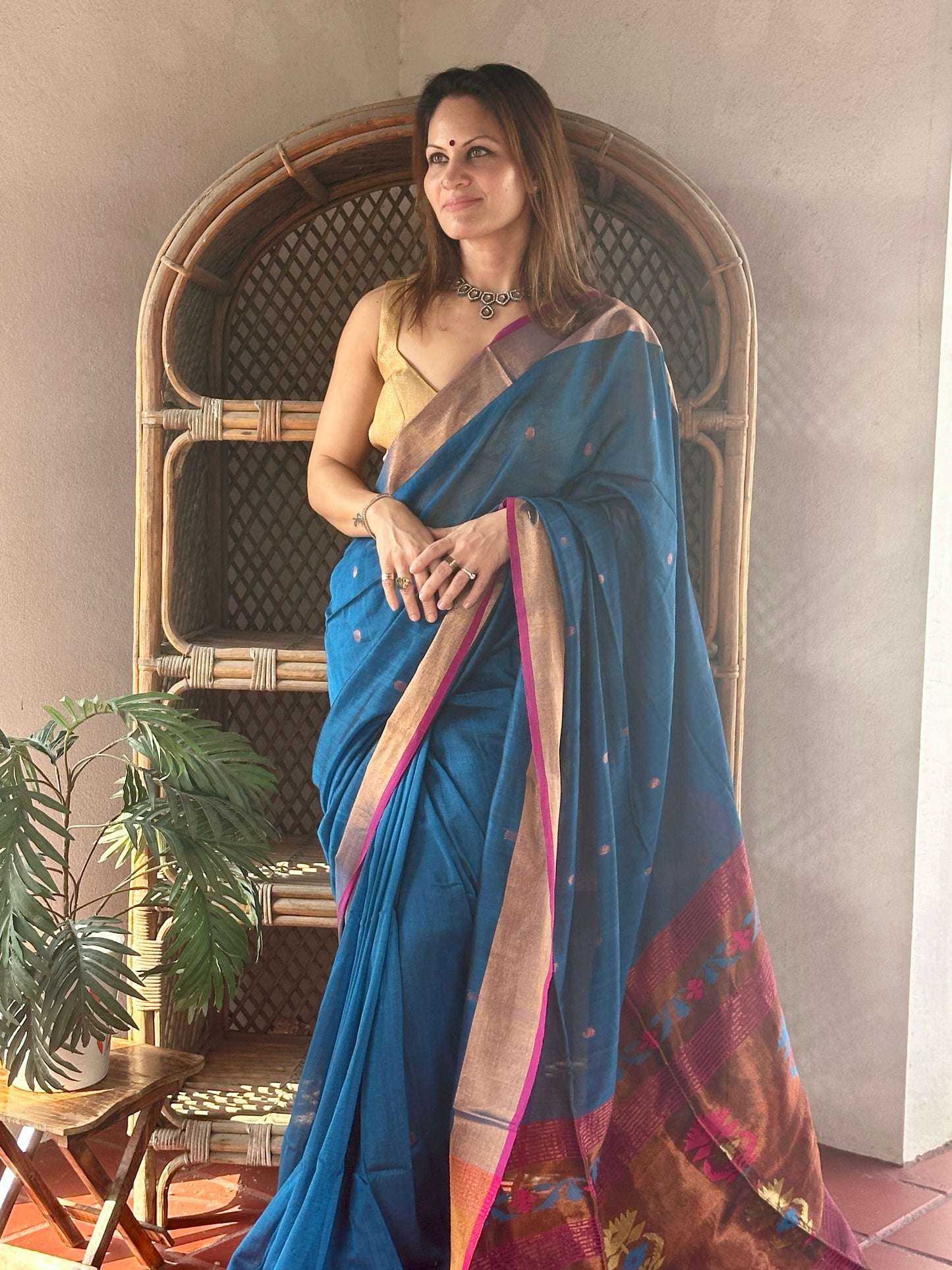 Peacock Blue Pure Cotton Handloom Saree with Paithani Inspired Weaving on the Pallu