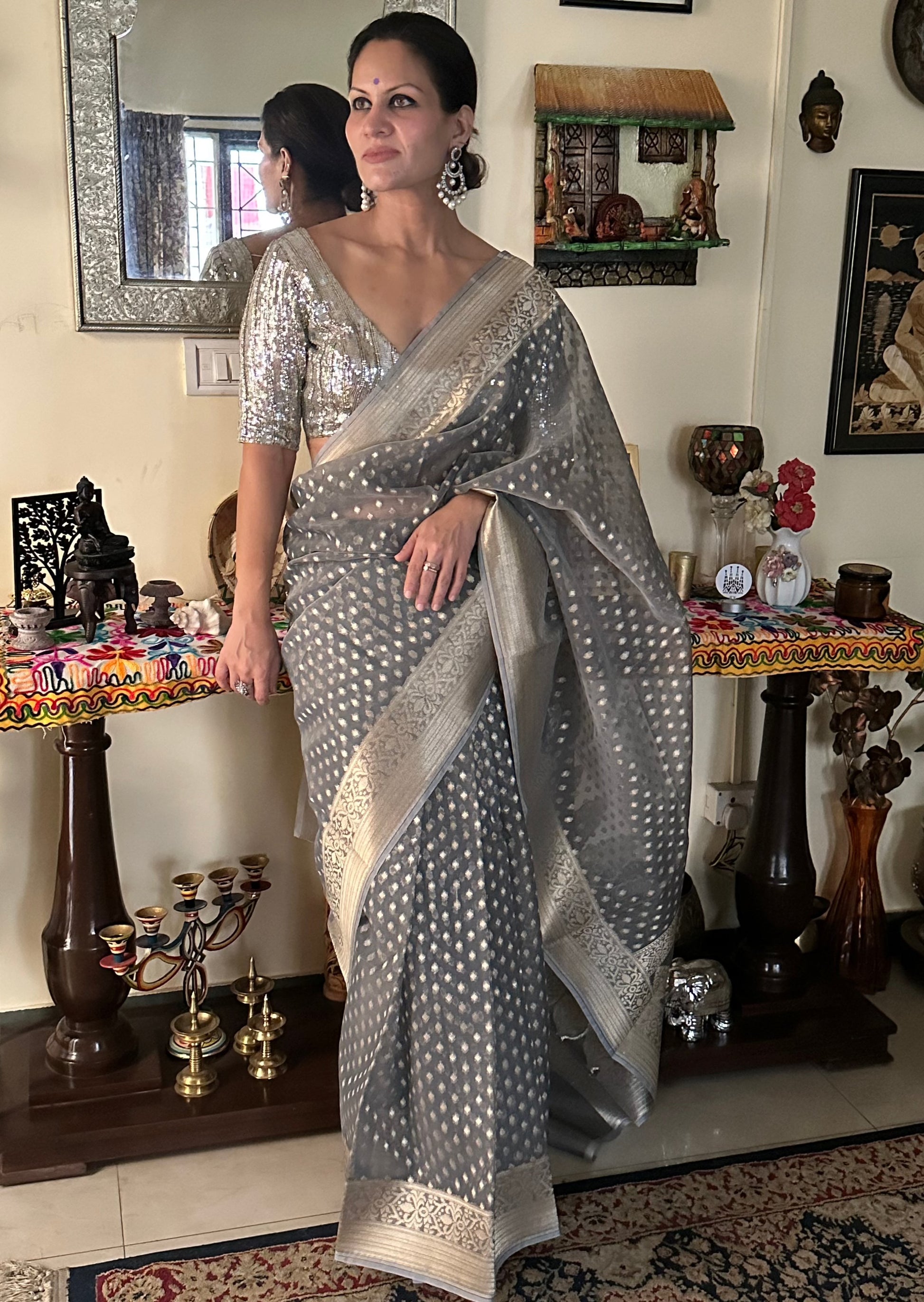 Grey Banarasi Kora Organza Sari with Butis & Weaving - Raahini