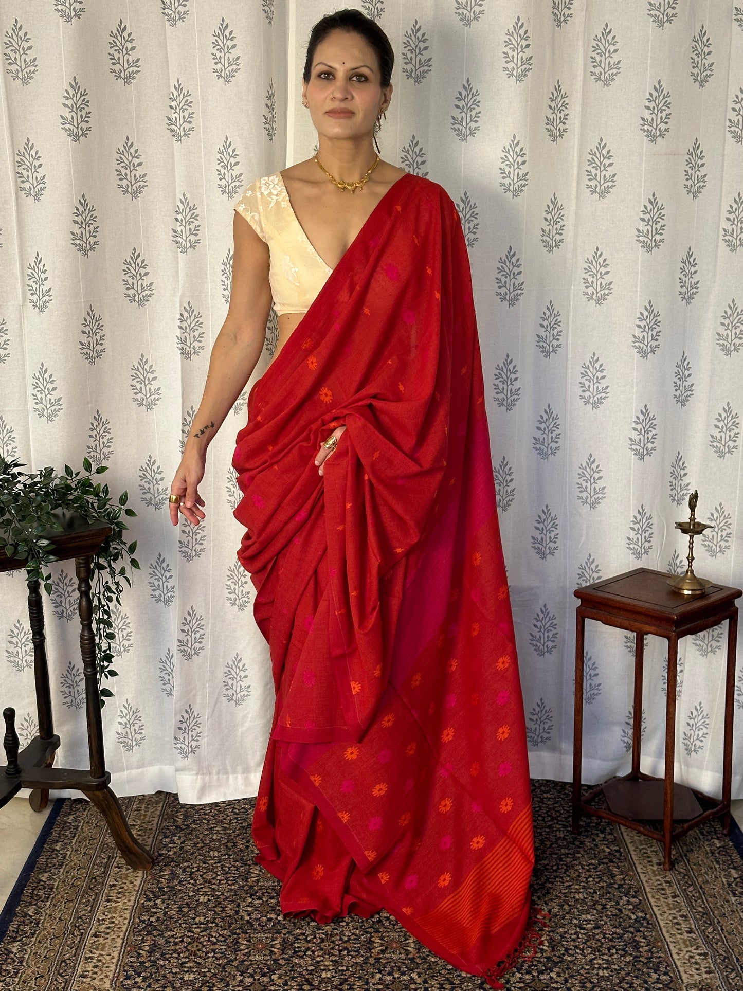 Red Handloom Pure Soft Cotton Jamdani Sari with Woven Flowers