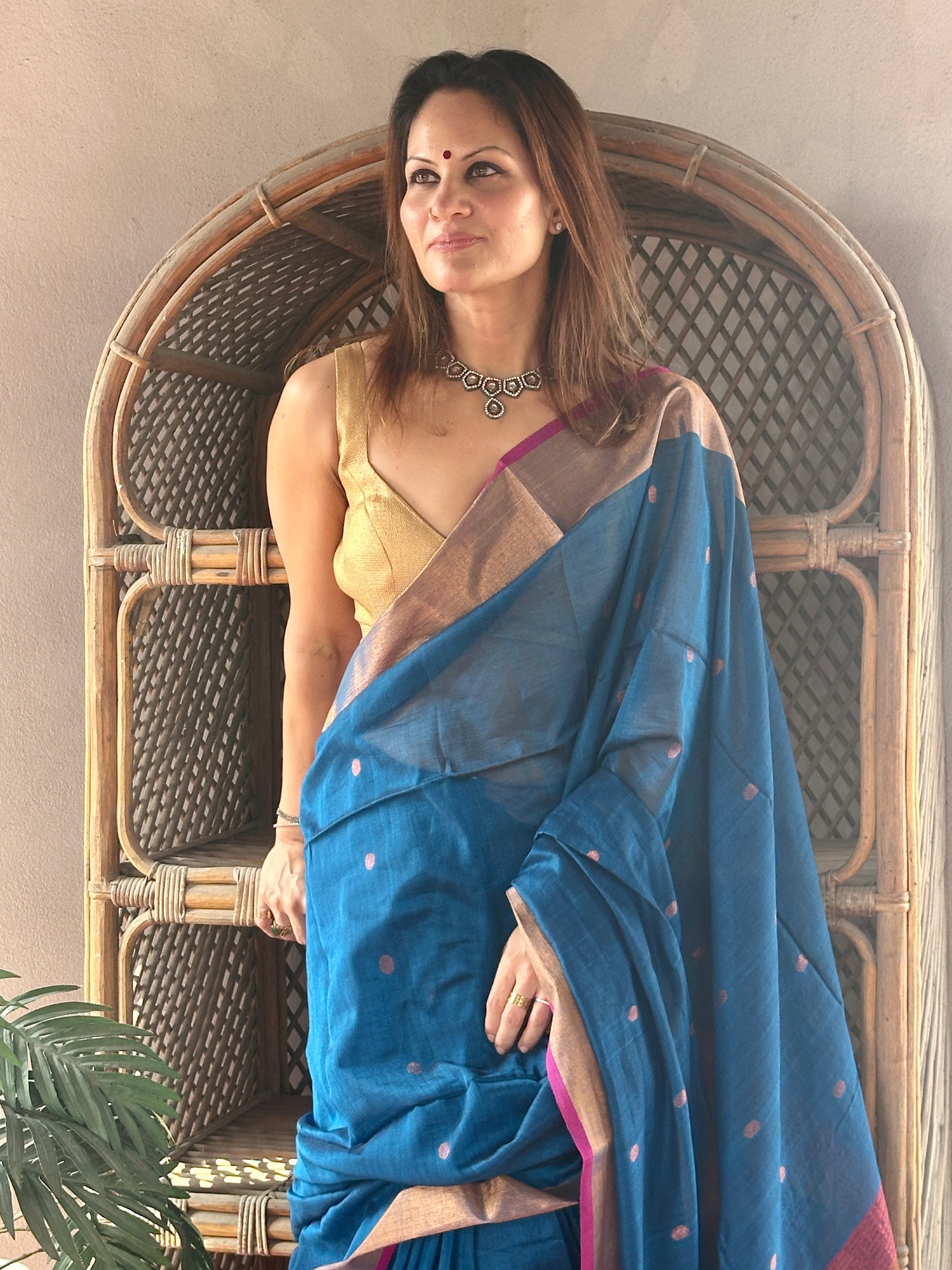 Peacock Blue Pure Cotton Handloom Saree with Paithani Inspired Weaving on the Pallu