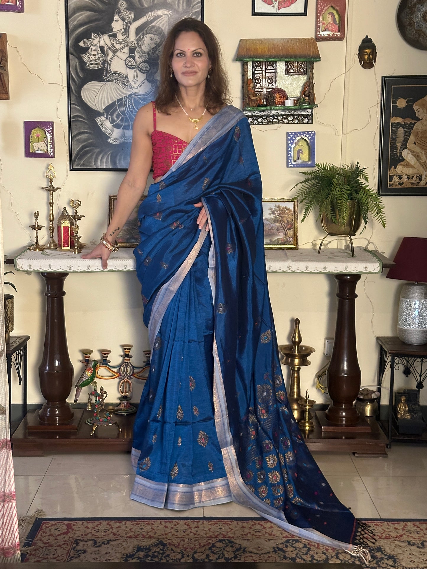 Blue Pure Katan Silk and Cotton Banarasi Sari with Zari Work