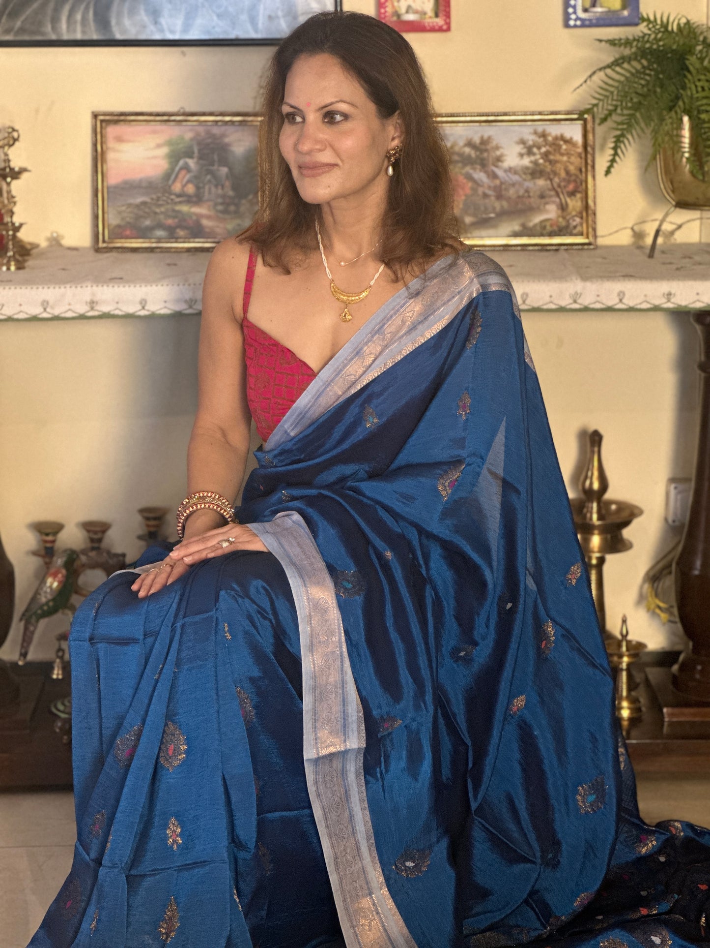 Blue Pure Katan Silk and Cotton Banarasi Sari with Zari Work