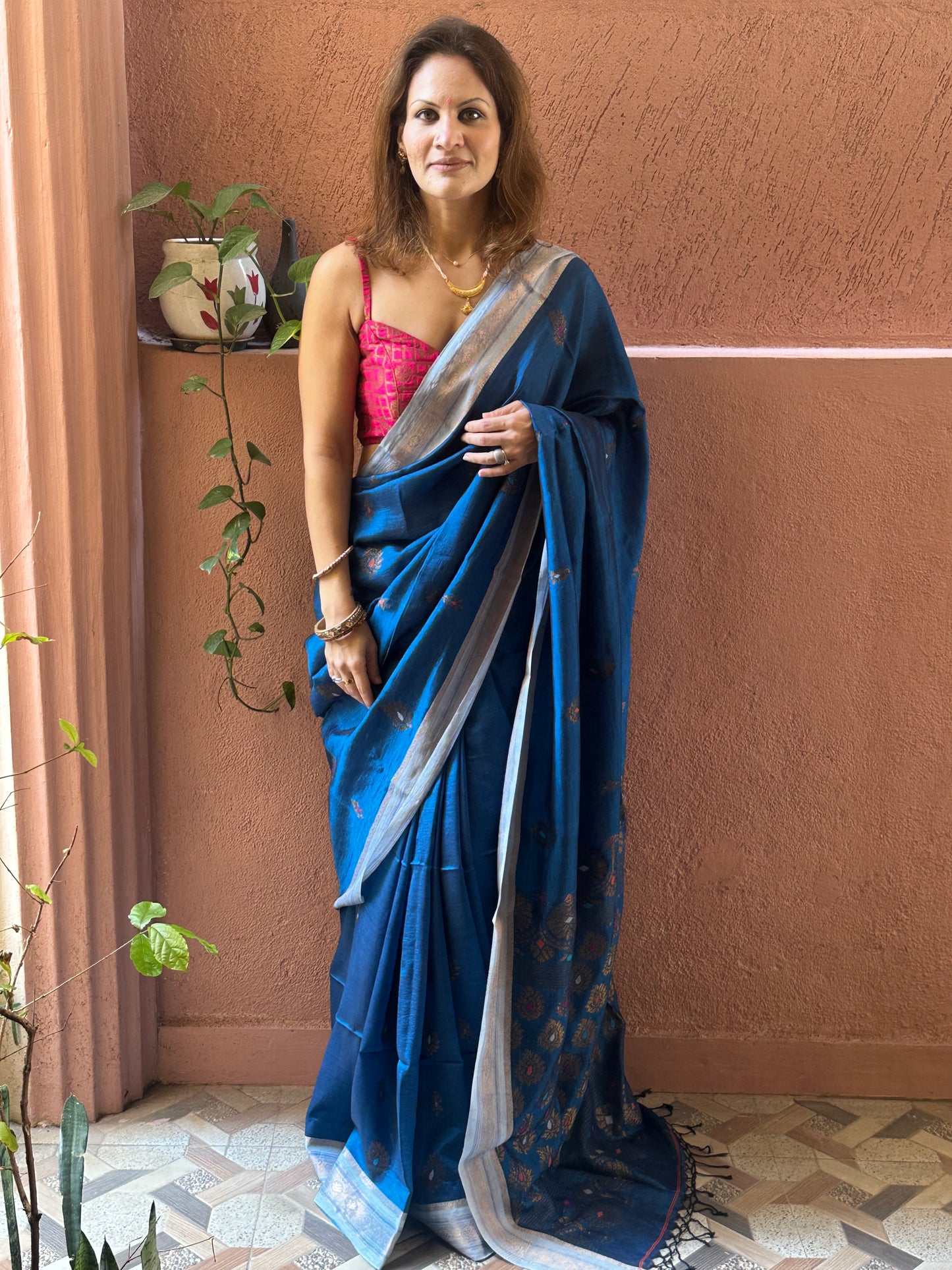 Blue Pure Katan Silk and Cotton Banarasi Sari with Zari Work