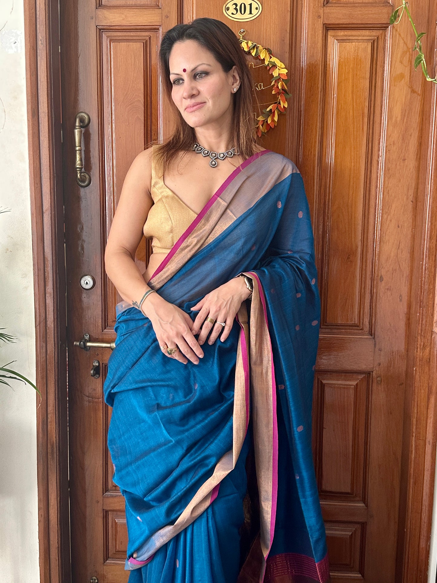 Peacock Blue Pure Cotton Handloom Saree with Paithani Inspired Weaving on the Pallu