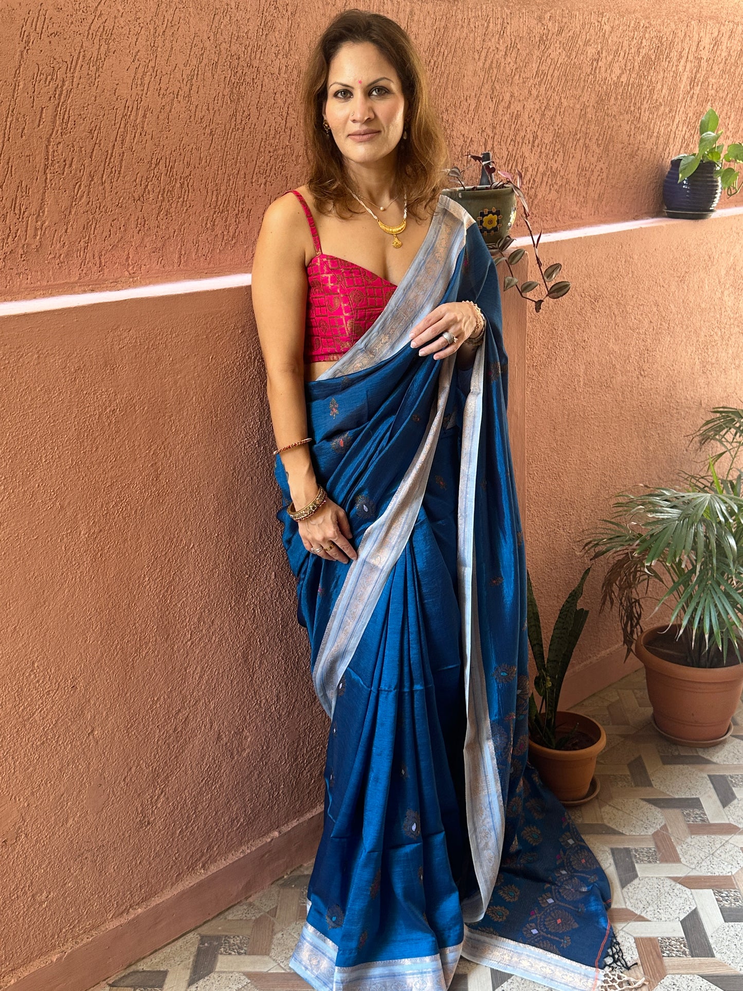 Blue Pure Katan Silk and Cotton Banarasi Sari with Zari Work