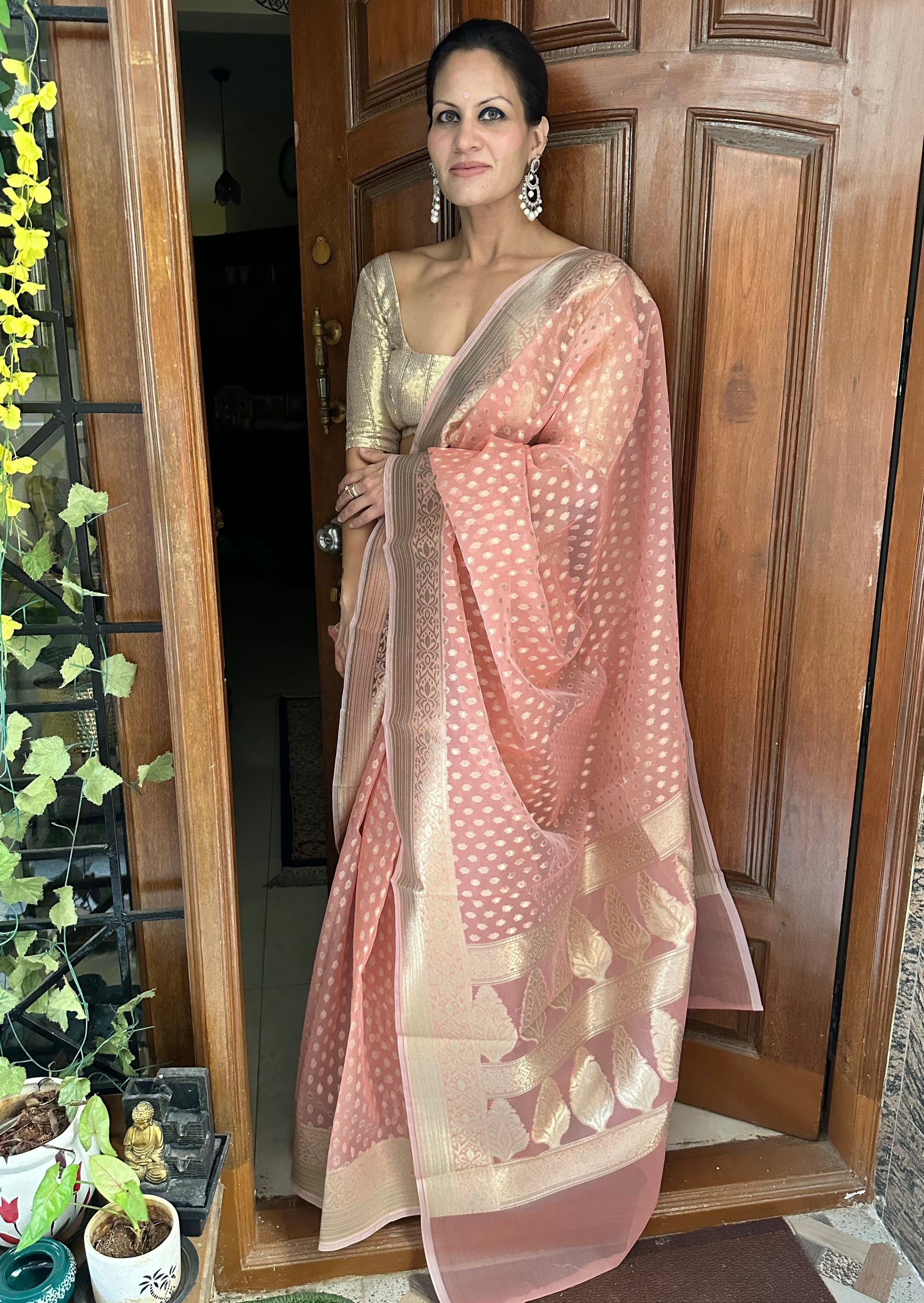 Peach Banarasi Kora Organza Sari with Butis & Weaving - Raahini