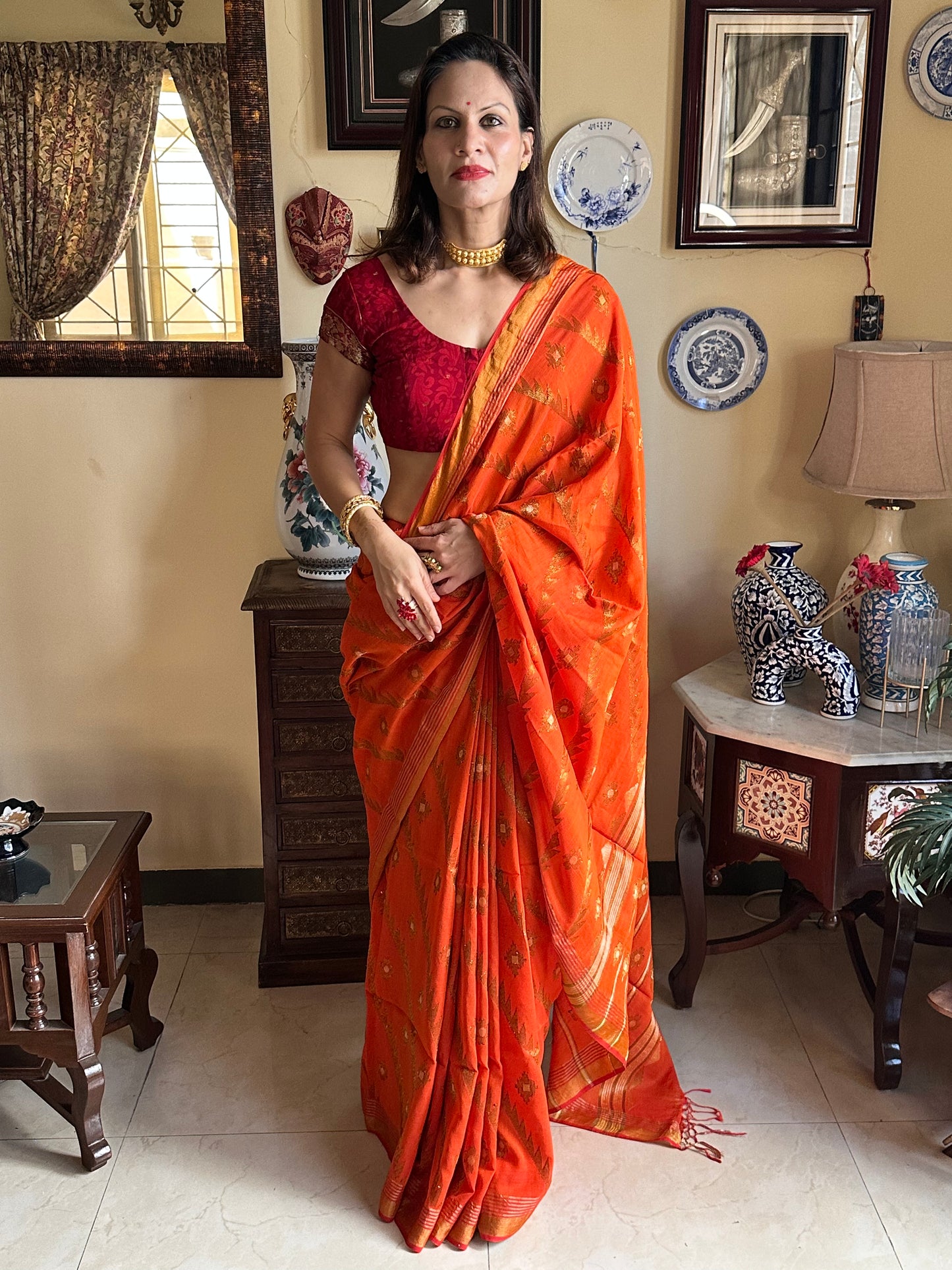 Orange Pure Cotton Jamdani with Intricate Zari Work - Raahini