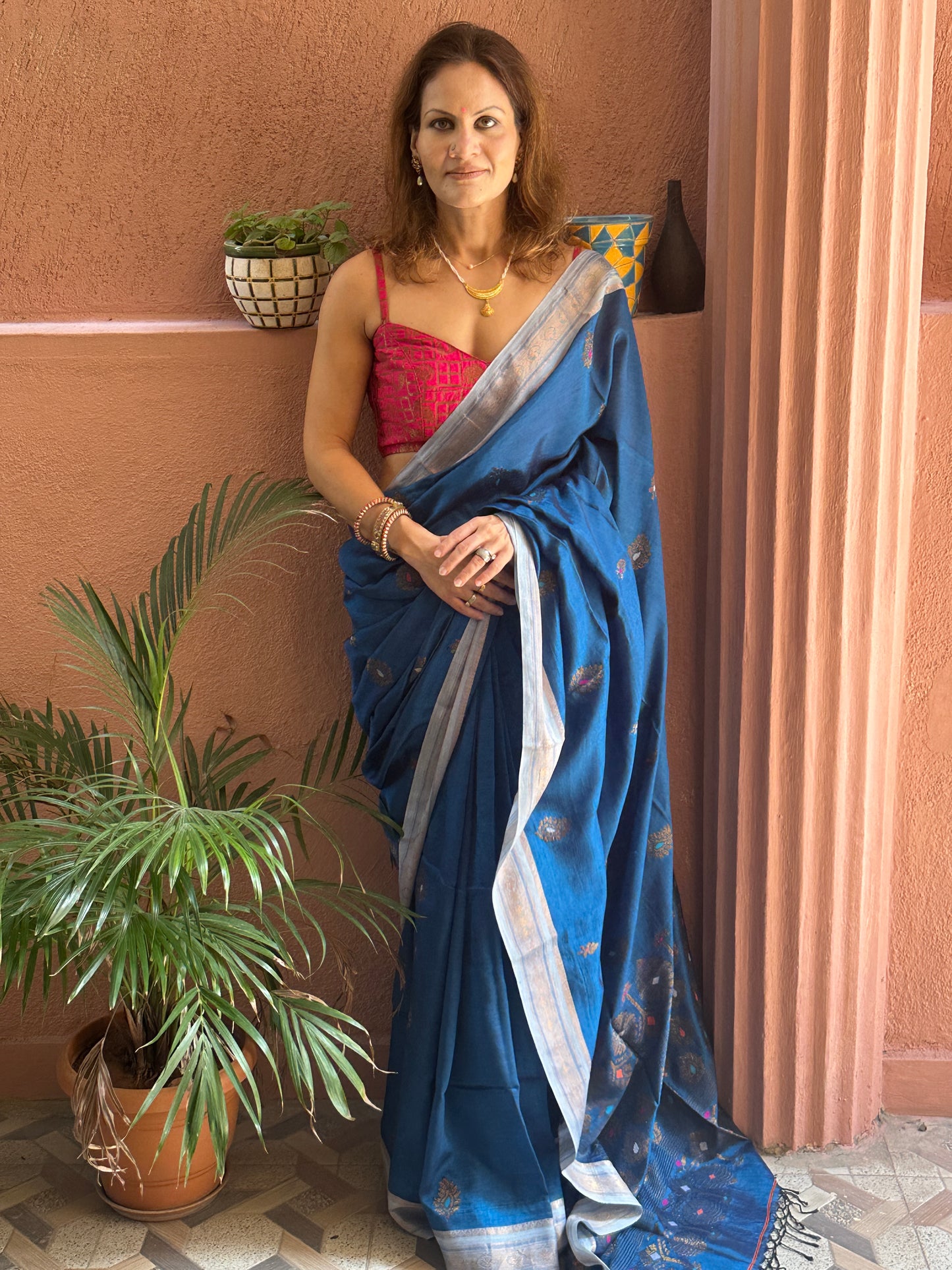 Blue Pure Katan Silk and Cotton Banarasi Sari with Zari Work