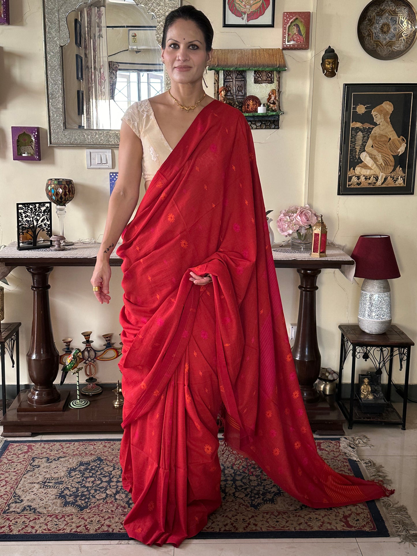 Red Handloom Pure Soft Cotton Jamdani Sari with Woven Flowers