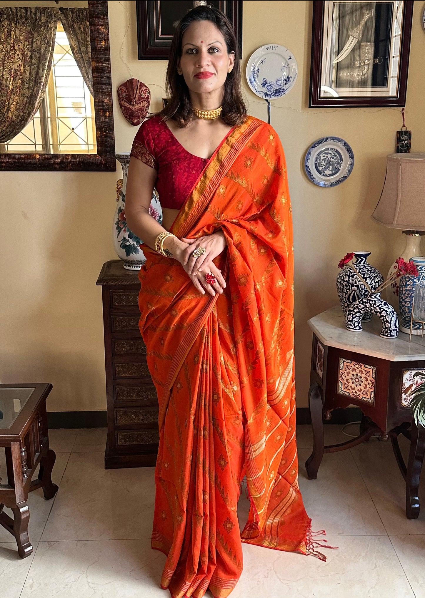 Orange Pure Cotton Jamdani with Intricate Zari Work - Raahini