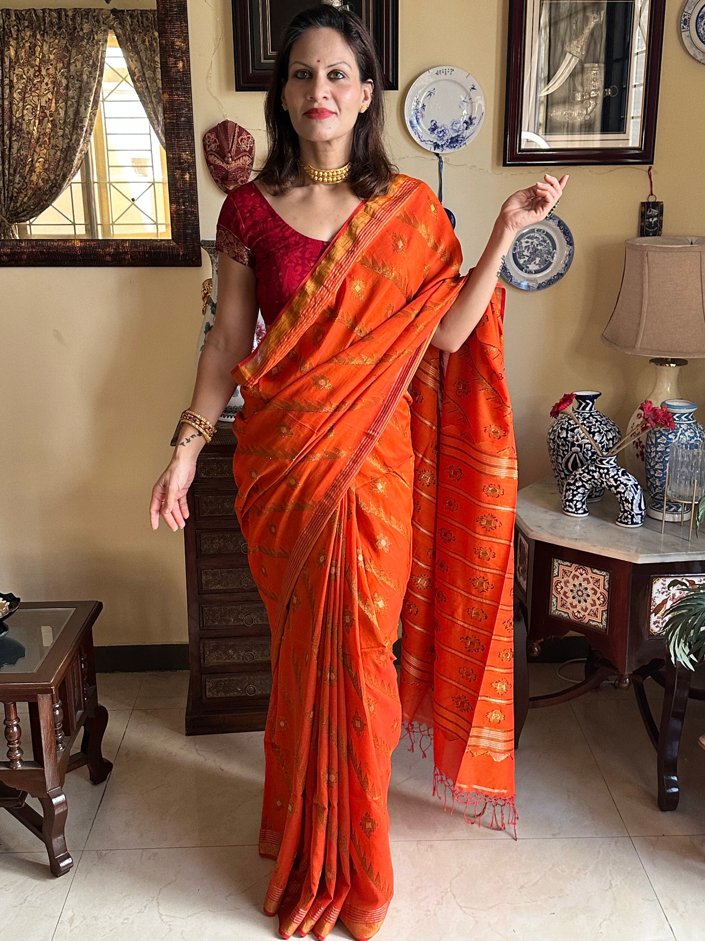 Orange Pure Cotton Jamdani with Intricate Zari Work - Raahini