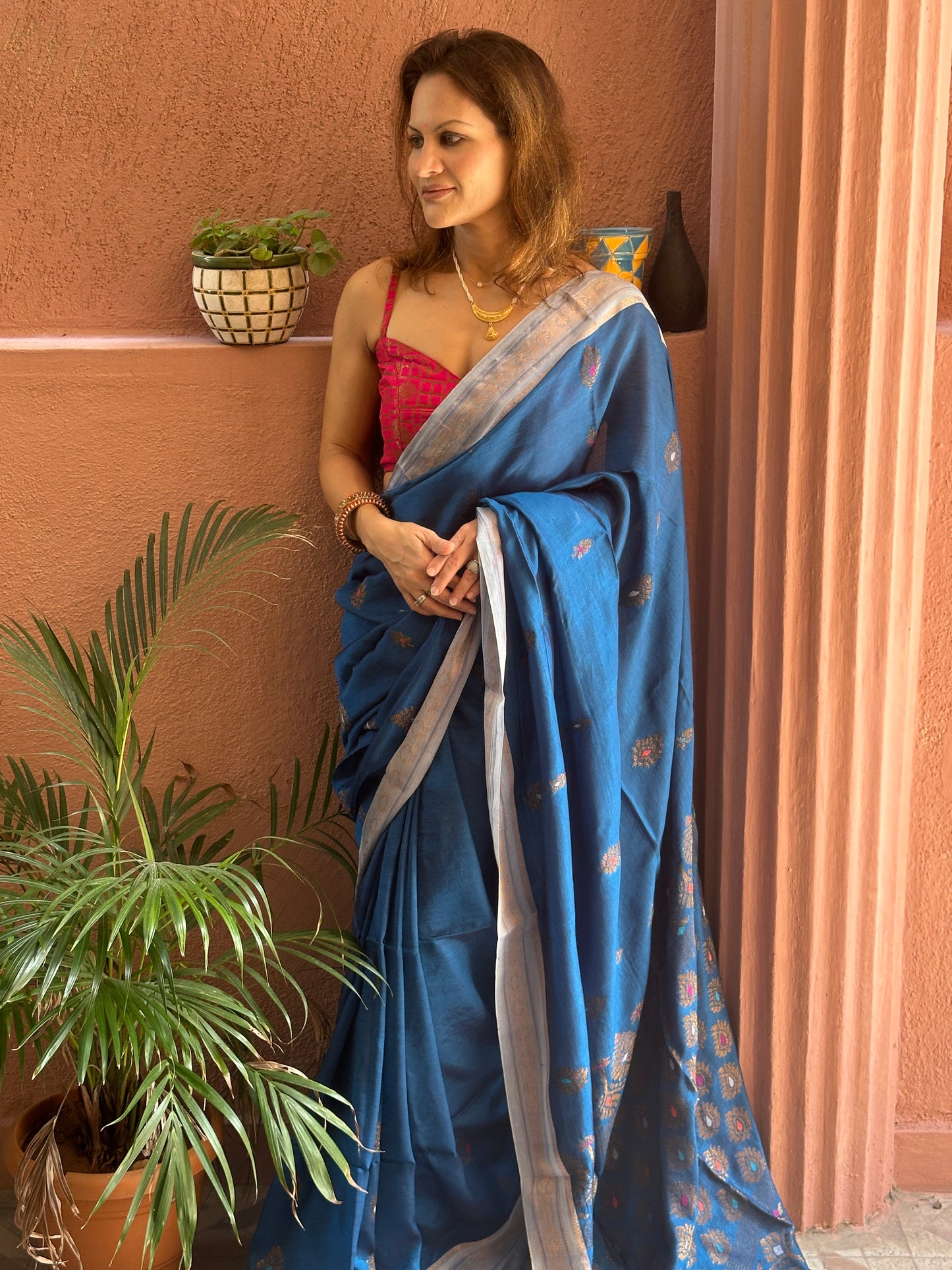 Blue Pure Katan Silk and Cotton Banarasi Sari with Zari Work