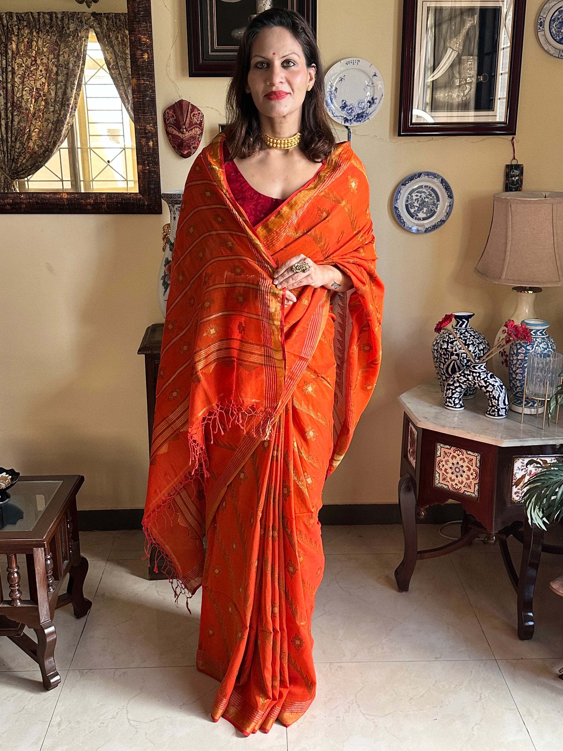 Orange Pure Cotton Jamdani with Intricate Zari Work - Raahini