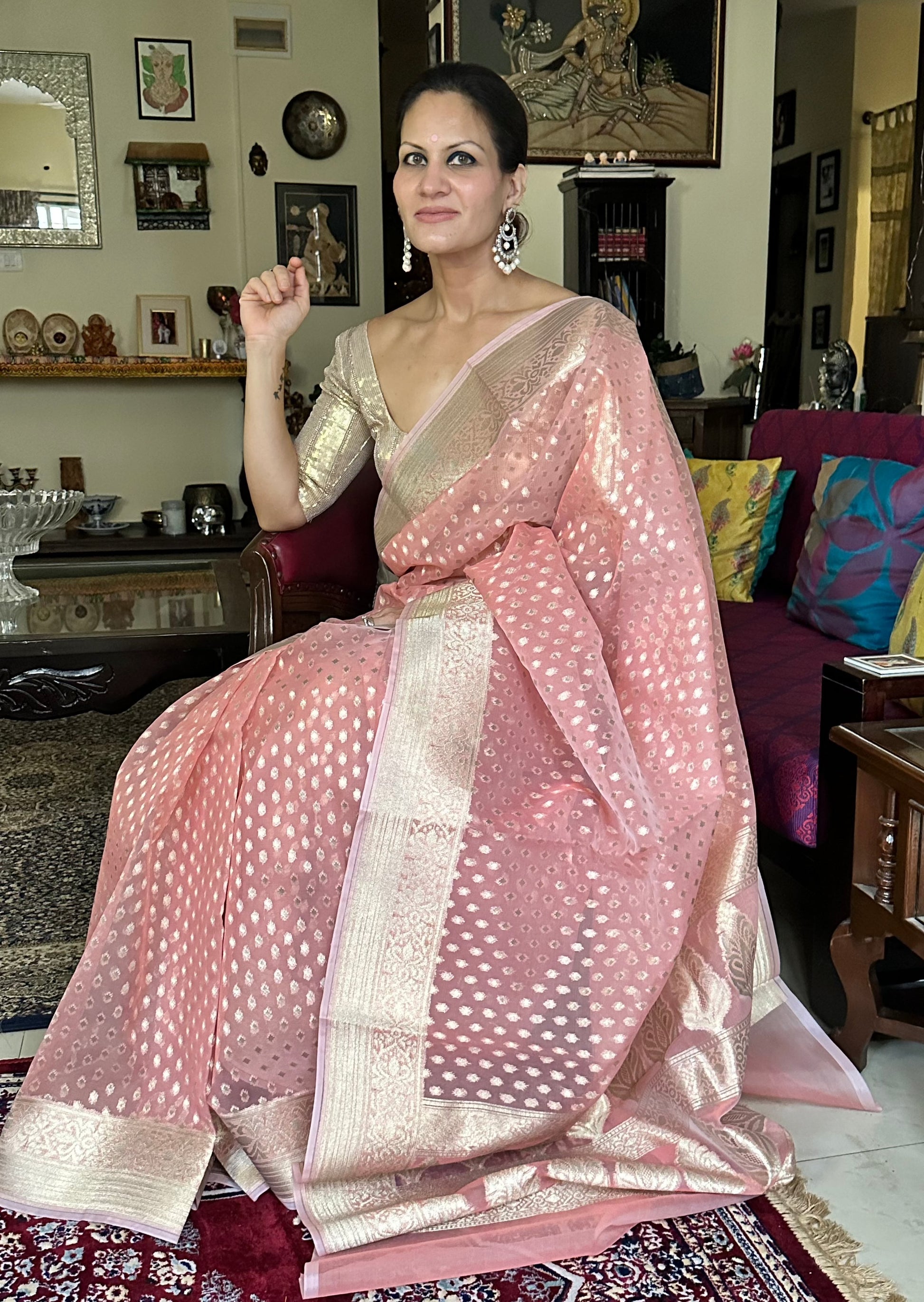 Peach Banarasi Kora Organza Sari with Butis & Weaving - Raahini