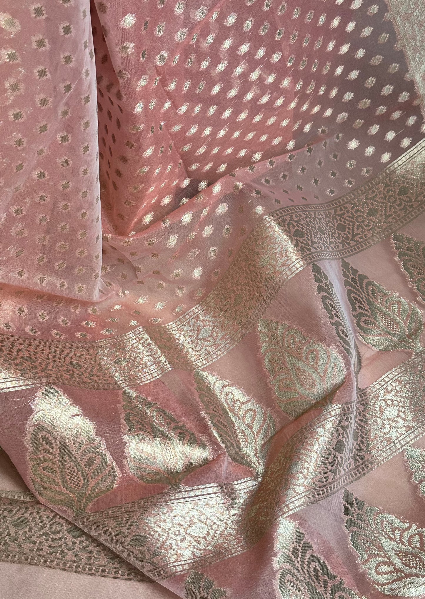 Peach Banarasi Kora Organza Sari with Butis & Weaving - Raahini