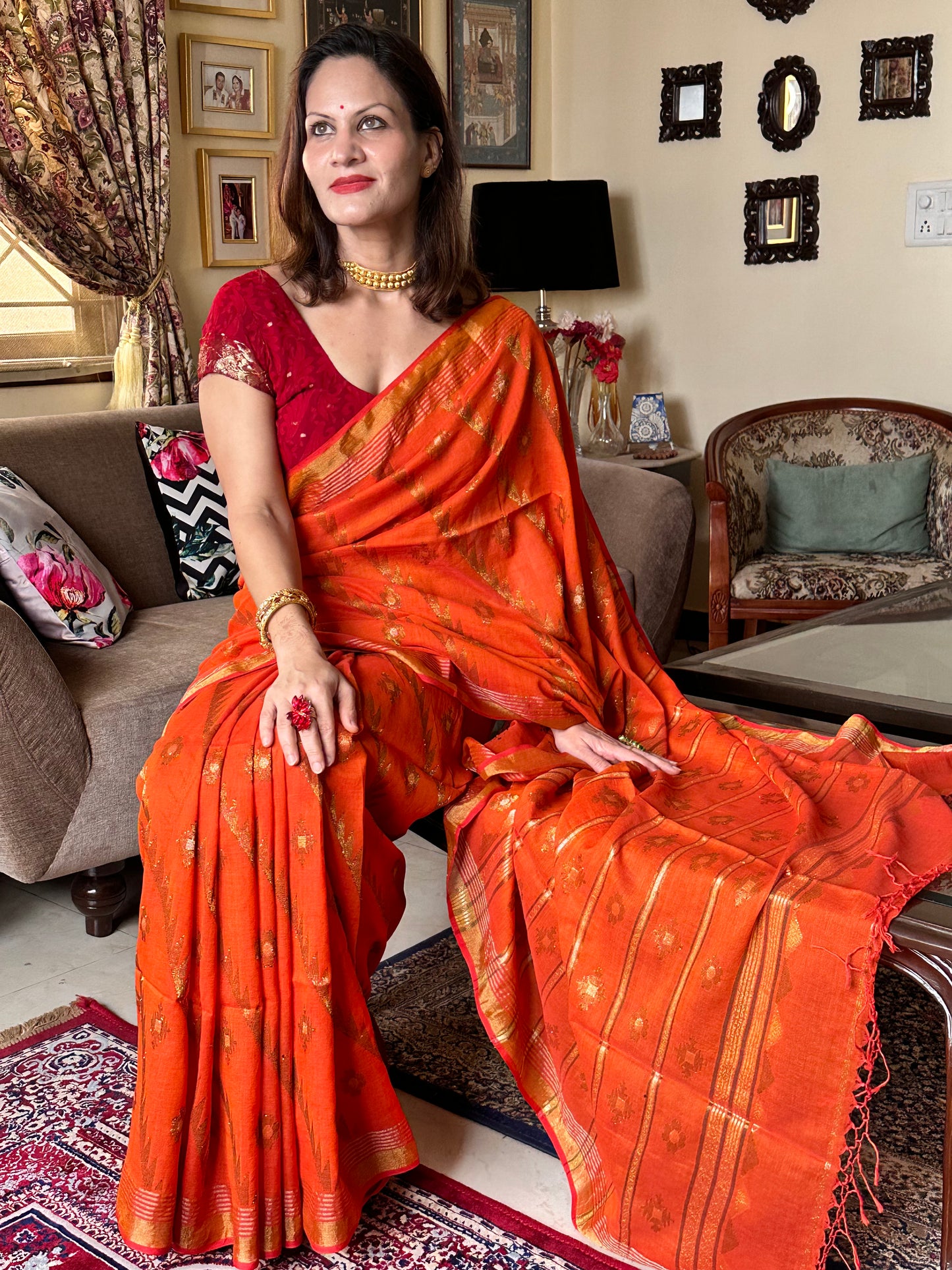 Orange Pure Cotton Jamdani with Intricate Zari Work - Raahini