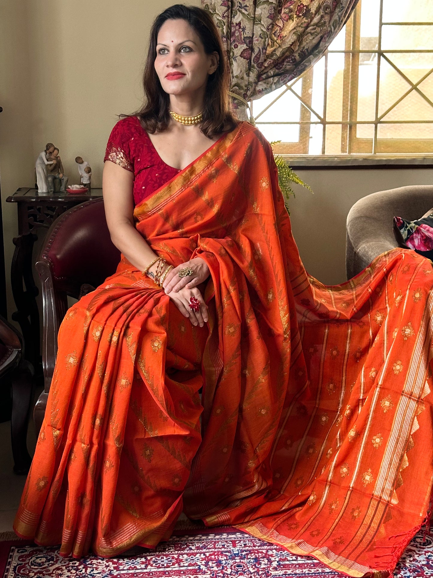 Orange Pure Cotton Jamdani with Intricate Zari Work - Raahini