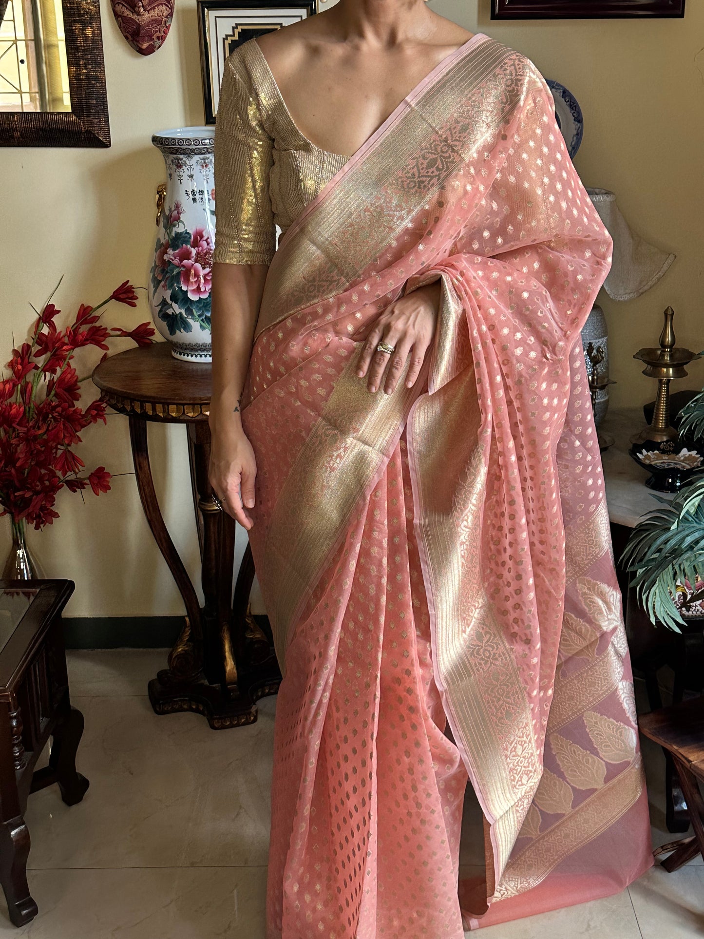 Peach Banarasi Kora Organza Sari with Butis & Weaving - Raahini