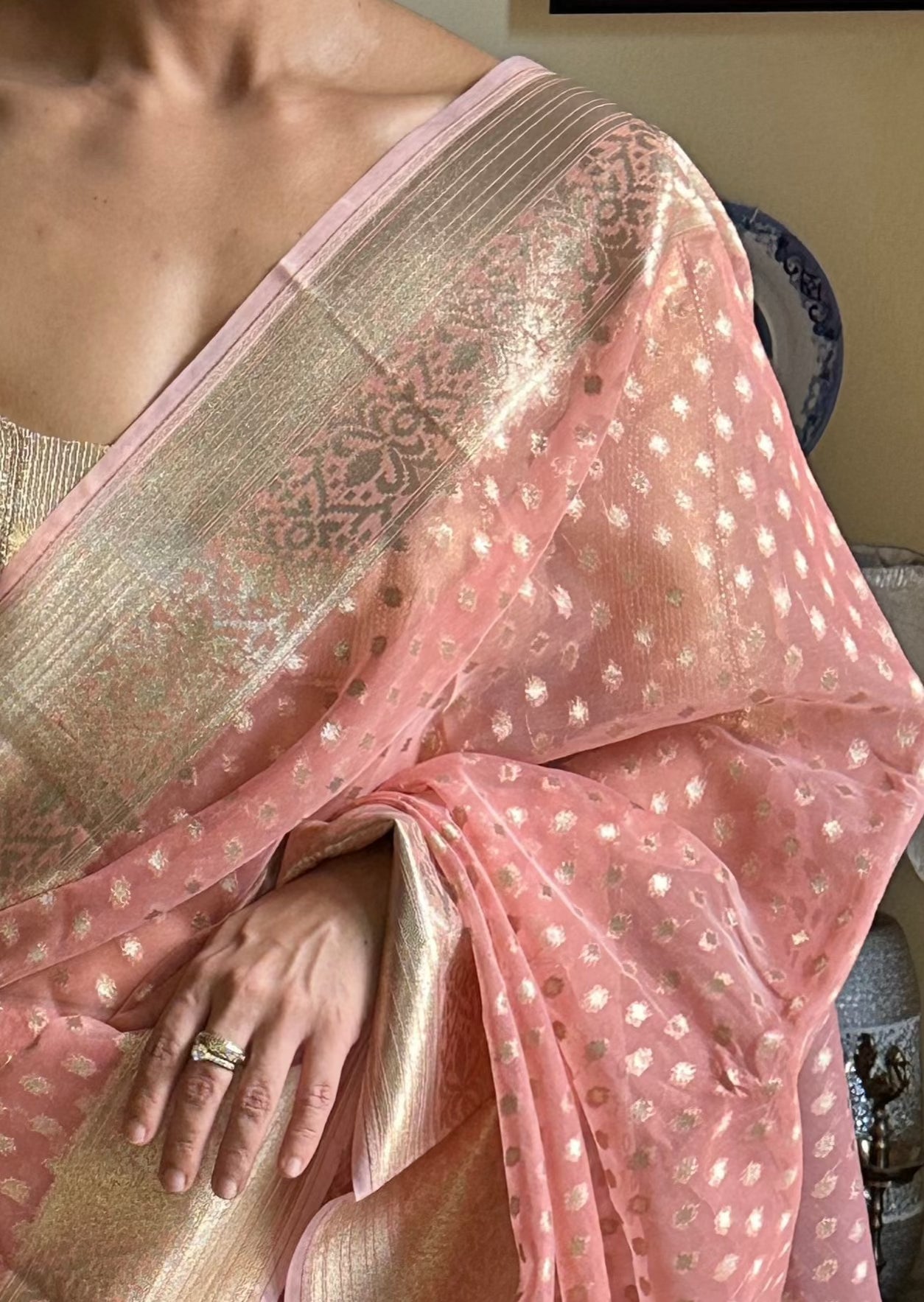 Peach Banarasi Kora Organza Sari with Butis & Weaving - Raahini