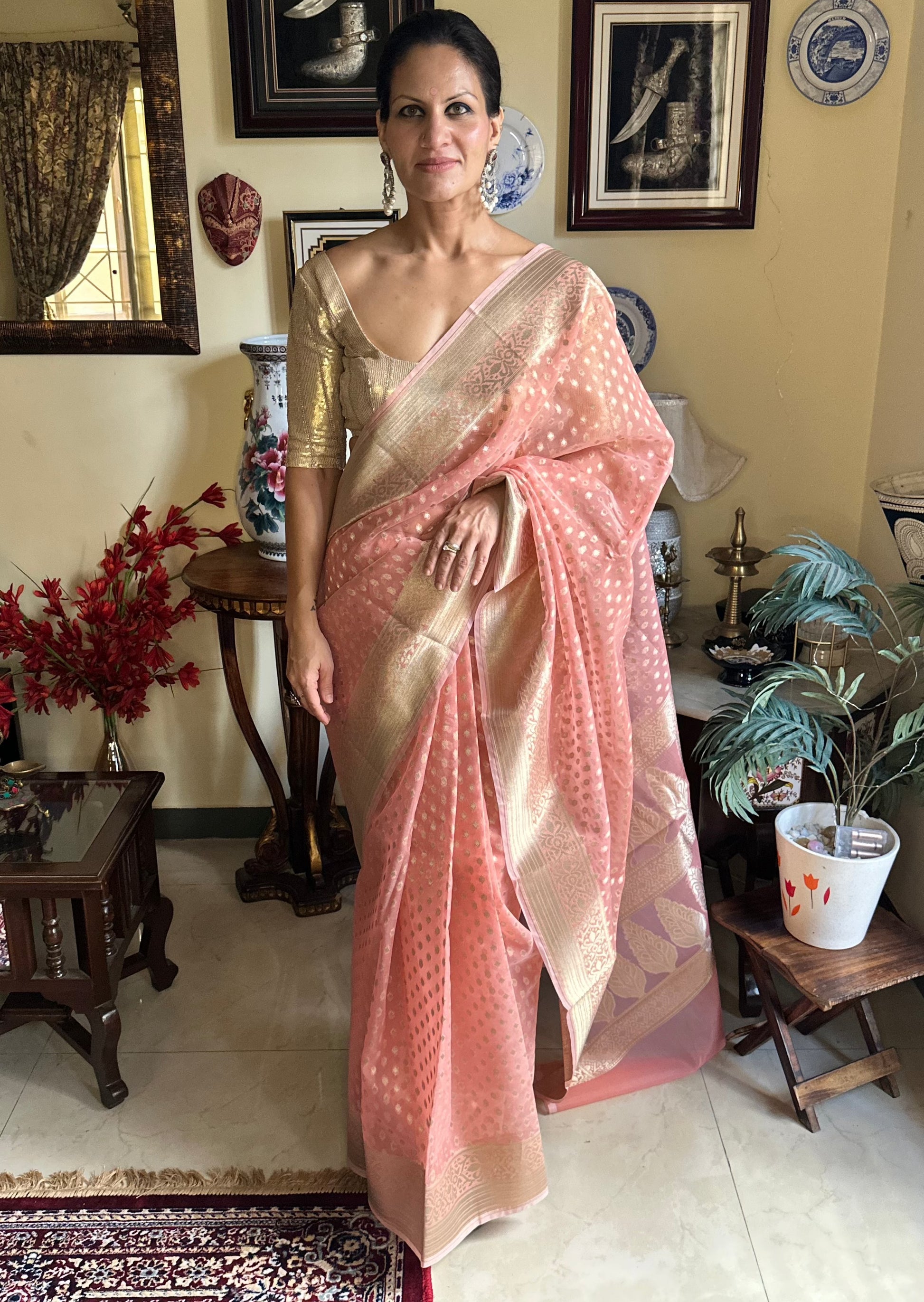 Peach Banarasi Kora Organza Sari with Butis & Weaving - Raahini